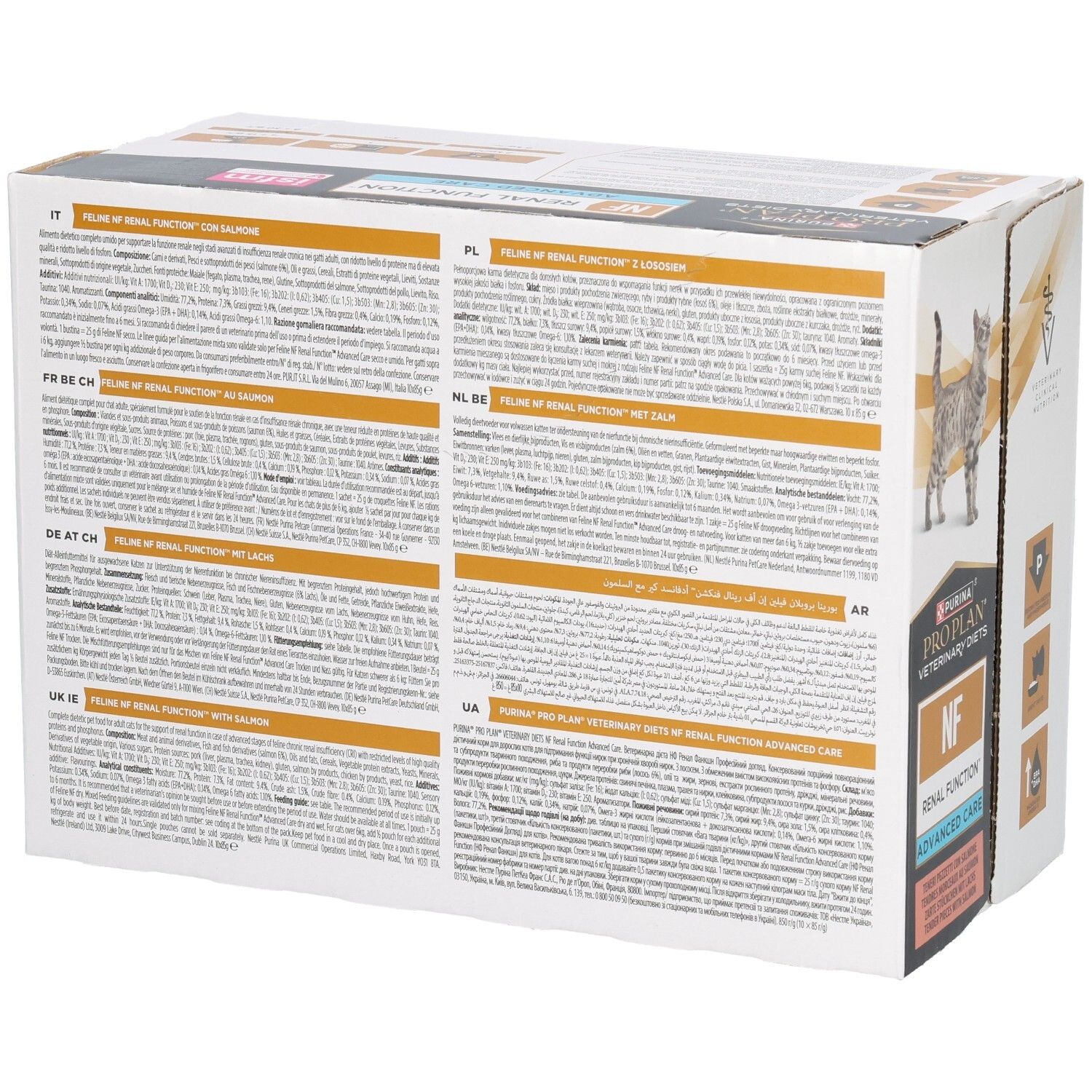 Dos de la boîte. Texte en plusieurs langues. Produit : Feline NF Renal Function. Contient du texte.