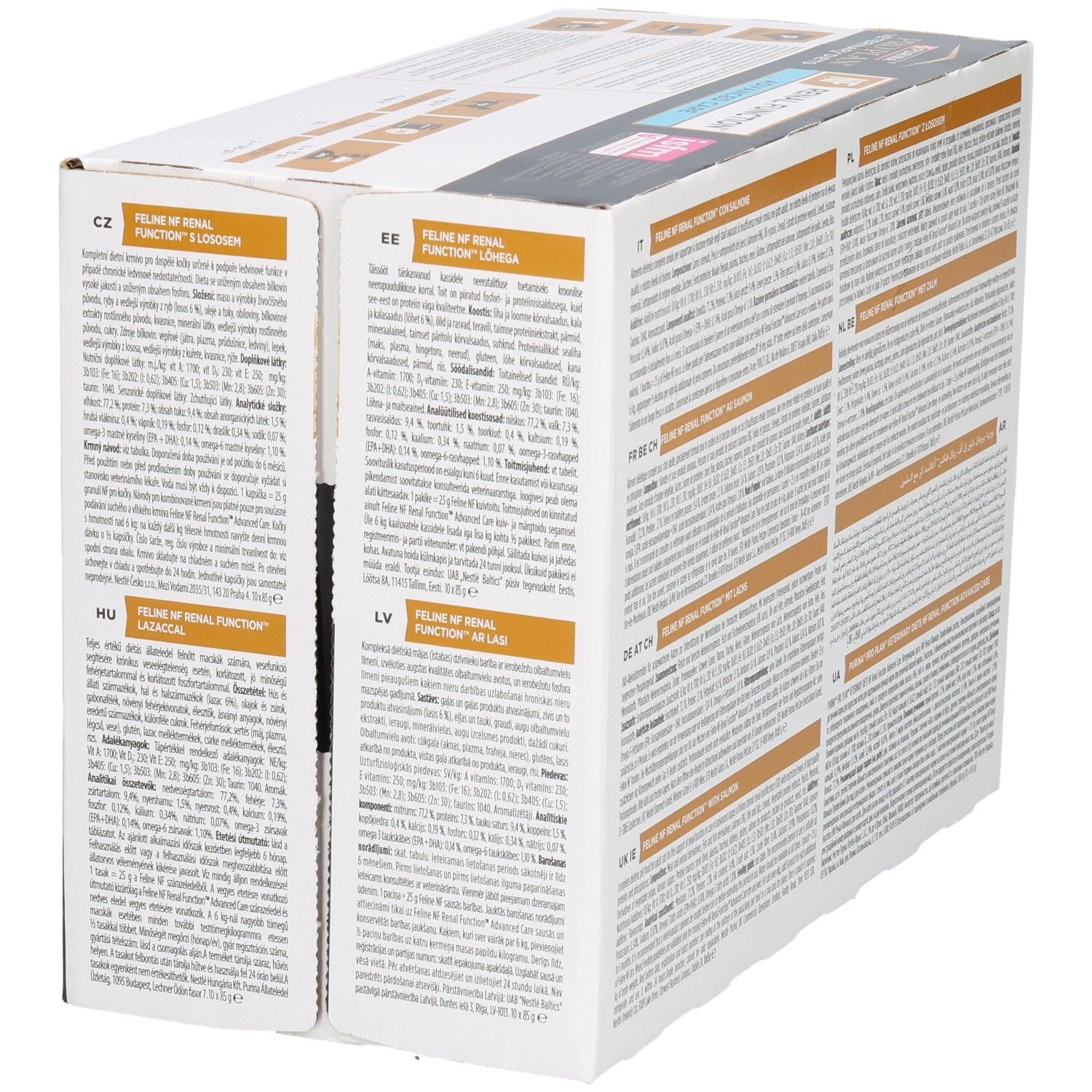 Dos de la boîte. Texte en plusieurs langues. Produit : Feline NF Renal Function. Contient du texte.