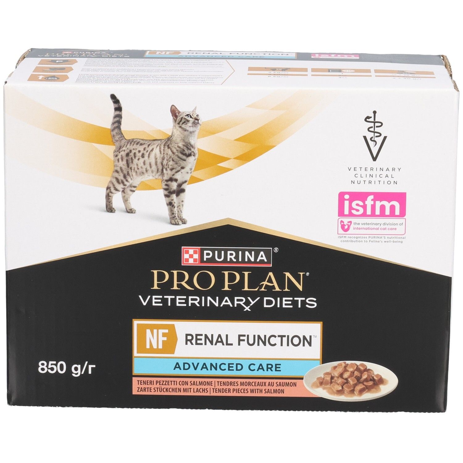 Boîte de nourriture pour chats. Purina Pro Plan Veterinary Diets, NF Renal Function, Advanced Care. Image d'un chat.