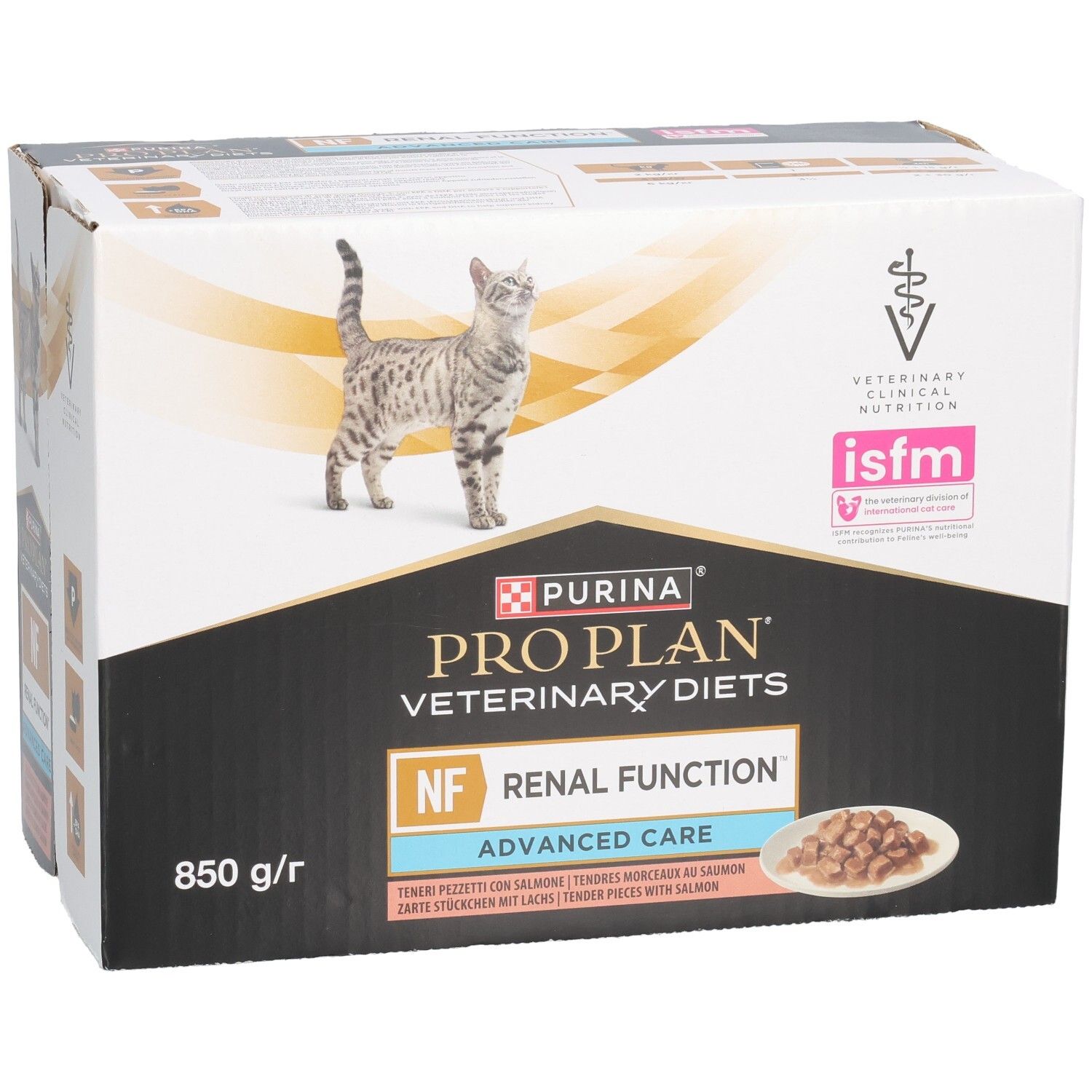 Boîte de nourriture pour chats. Purina Pro Plan Veterinary Diets, NF Renal Function, Advanced Care. Image d'un chat.