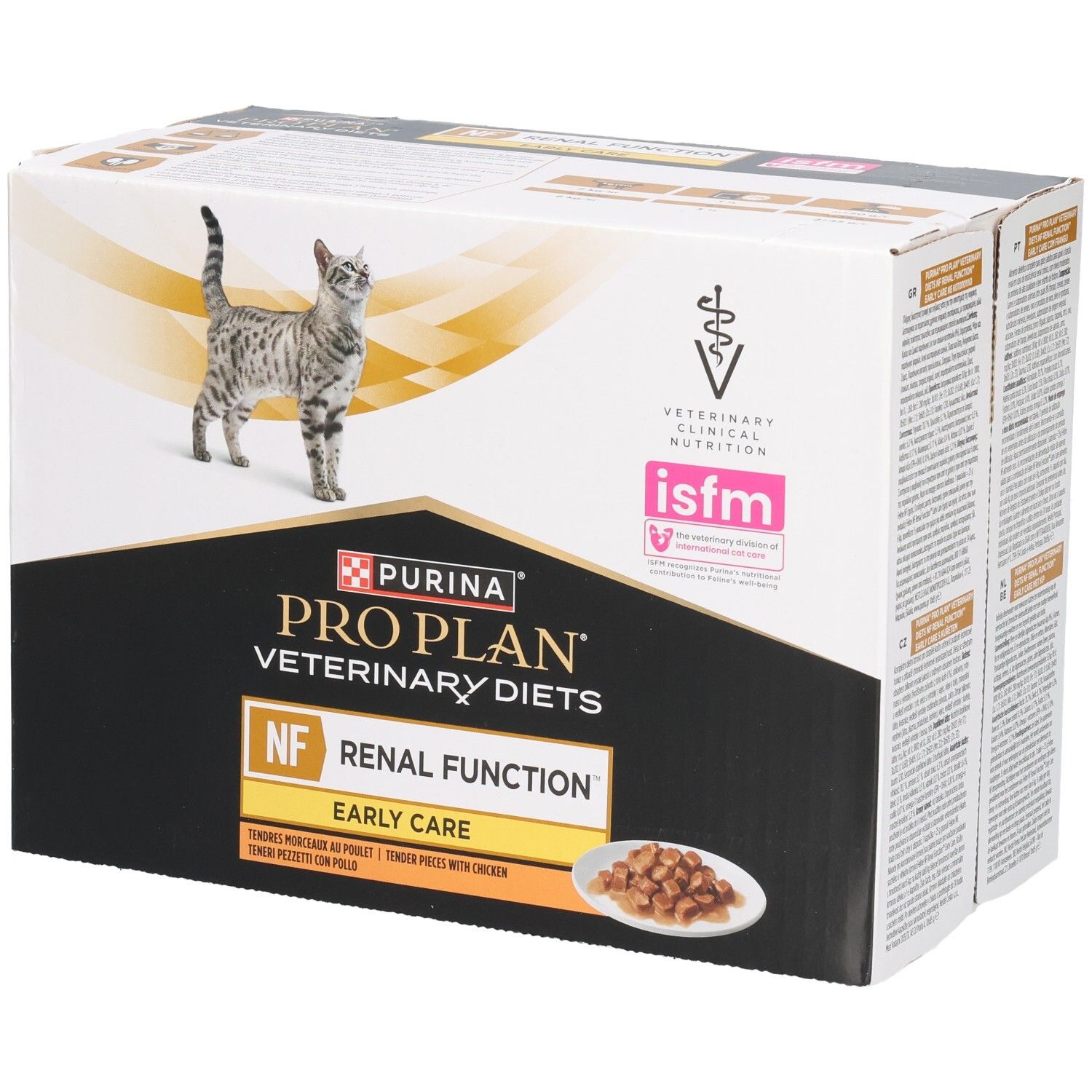 Boîte de nourriture pour chats. Marque : Purina Pro Plan Veterinary Diets. Inscription : NF Renal Function Early Care.