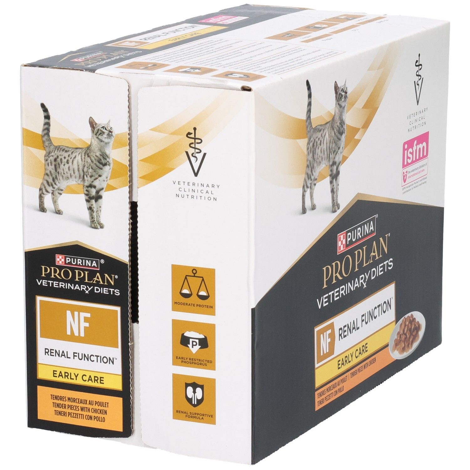 Boîte de nourriture pour chats. Marque : Purina Pro Plan Veterinary Diets. Inscription : NF Renal Function Early Care.