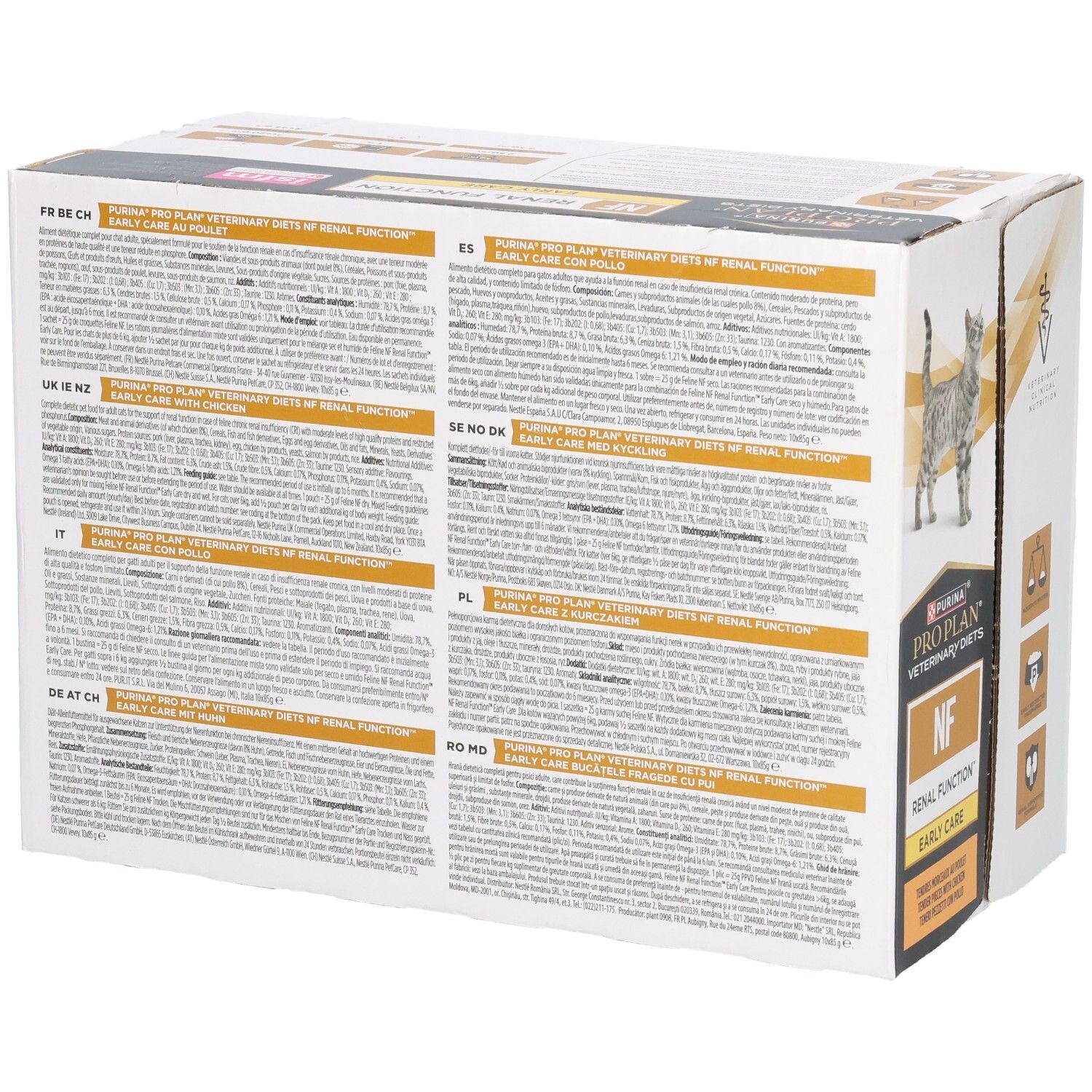 Dos de l'emballage de nourriture pour chats. Texte multilingue. Marque : Purina Pro Plan Veterinary Diets.