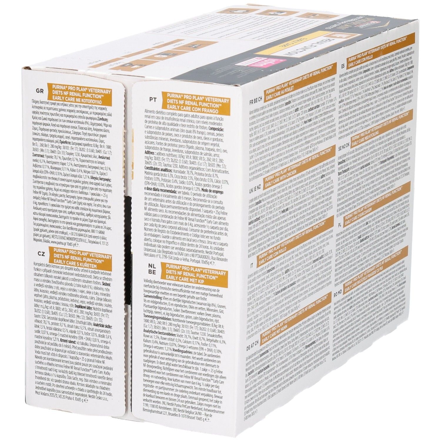 Dos de l'emballage de nourriture pour chats. Texte multilingue. Marque : Purina Pro Plan Veterinary Diets.