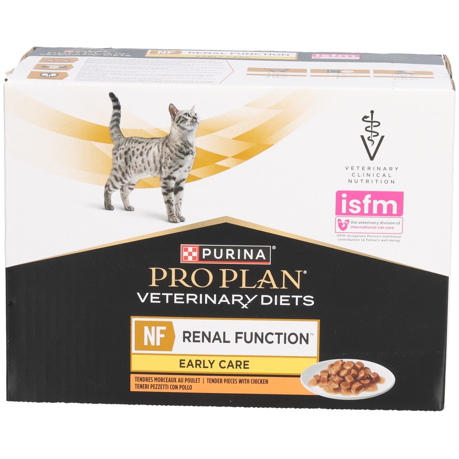 Boîte de nourriture pour chats. Marque : Purina Pro Plan Veterinary Diets. Inscription : NF Renal Function Early Care.