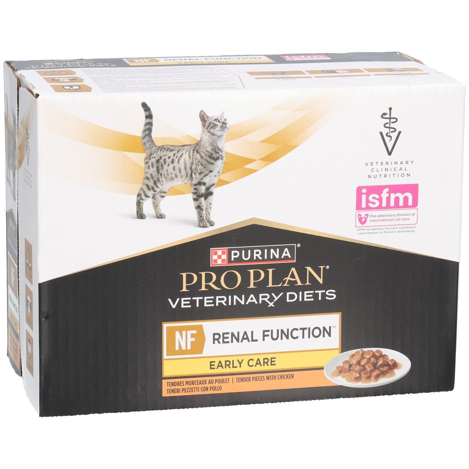 Boîte de nourriture pour chats. Marque : Purina Pro Plan Veterinary Diets. Inscription : NF Renal Function Early Care.