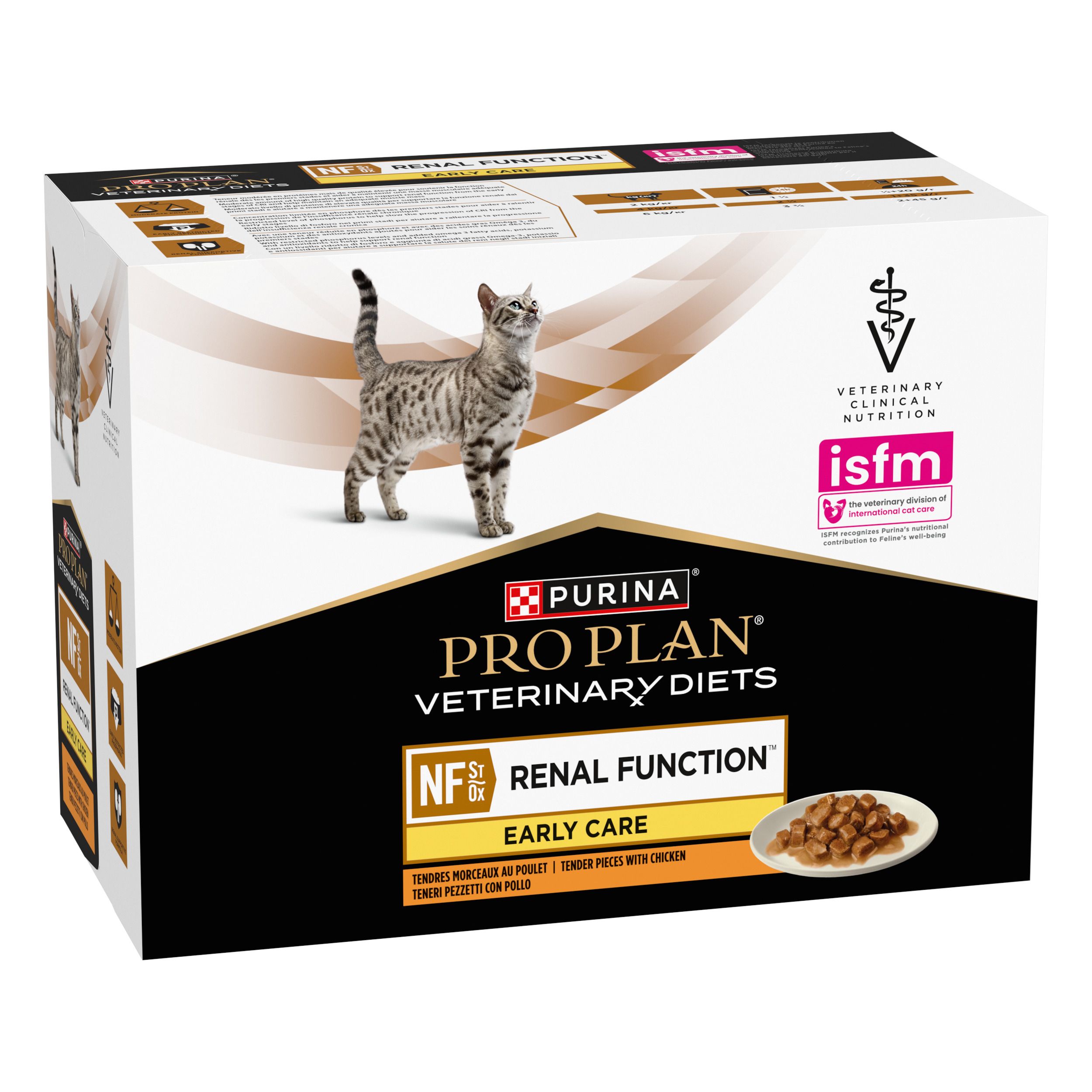 Boîte de nourriture pour chats. Marque : Purina Pro Plan Veterinary Diets. Inscription : NF Renal Function Early Care.