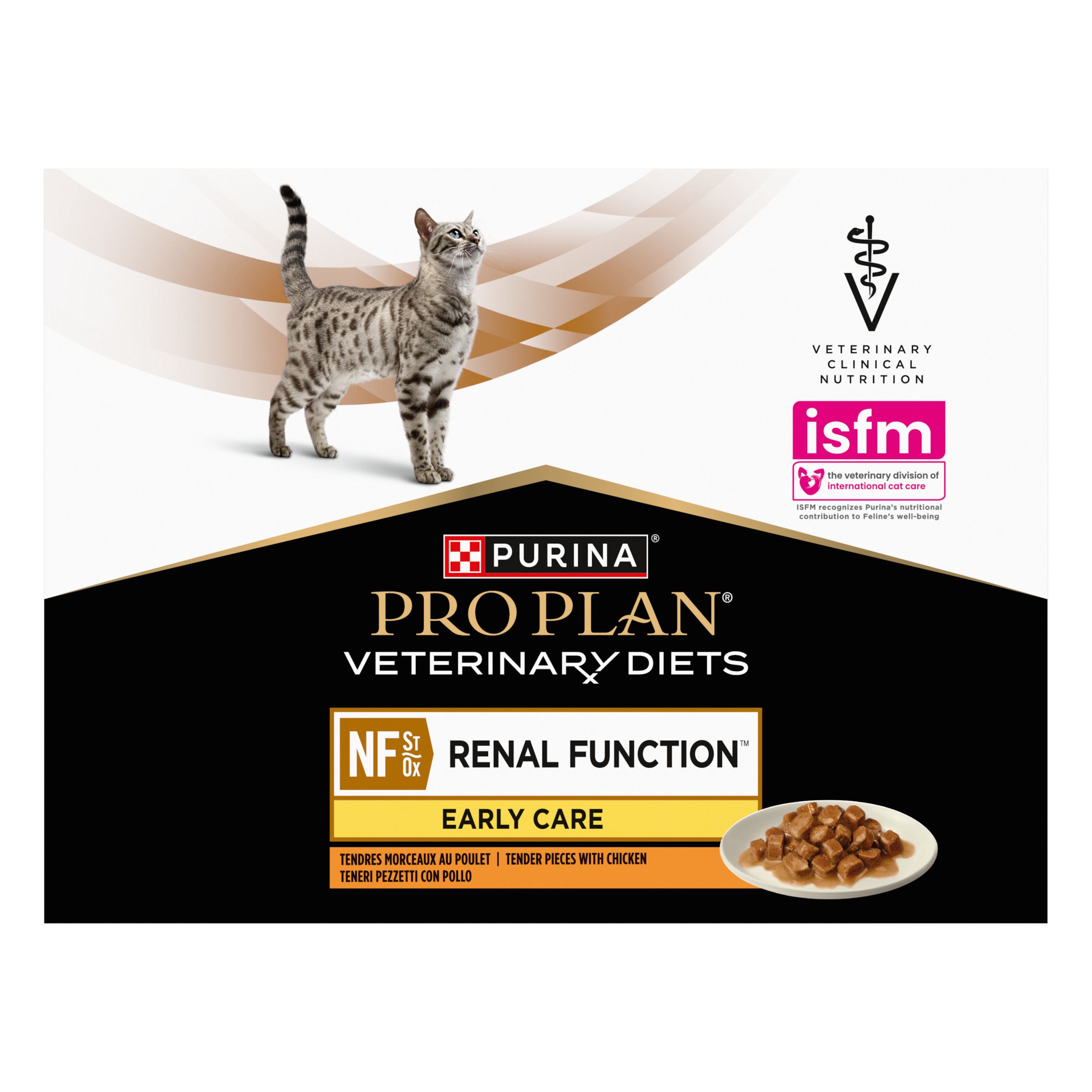 Dos de l'emballage de nourriture pour chats. Texte multilingue. Marque : Purina Pro Plan Veterinary Diets.