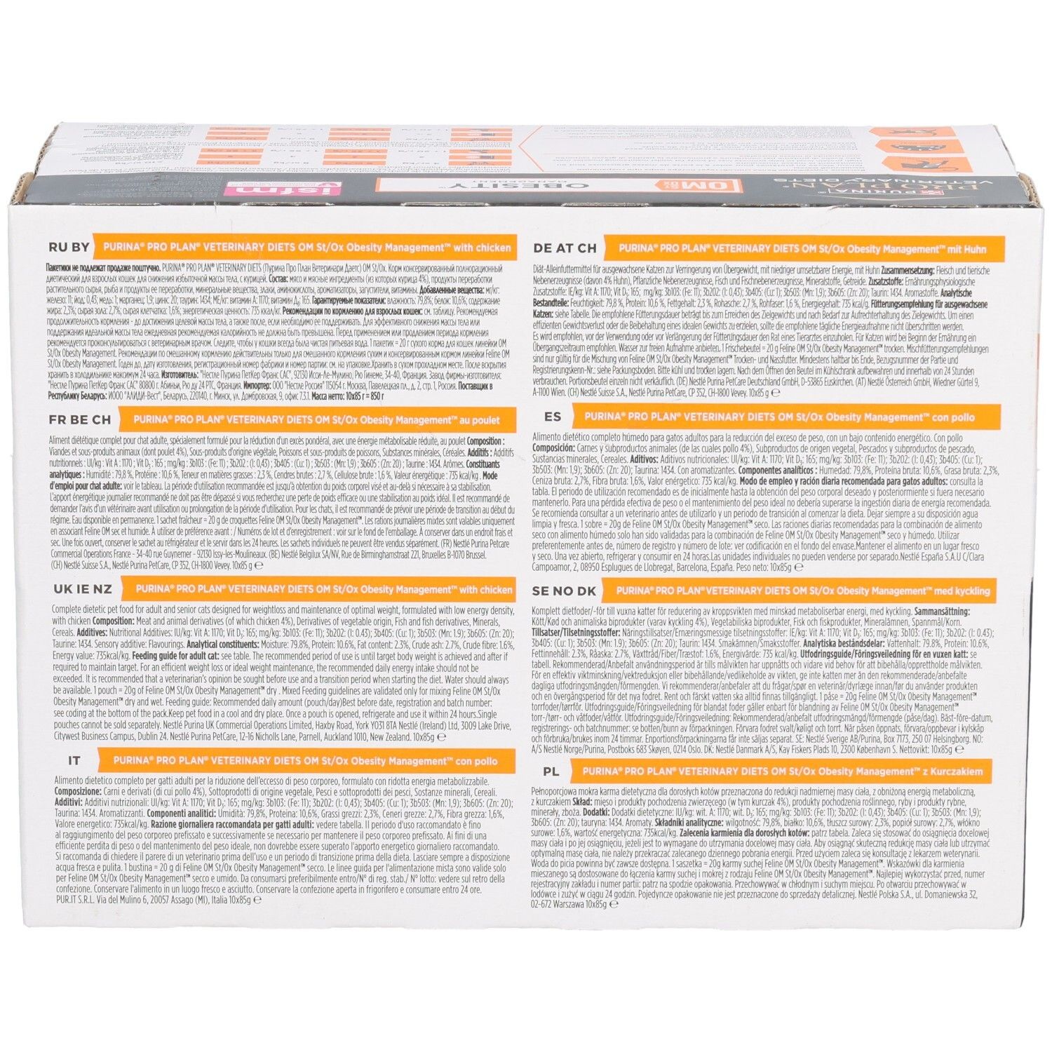 Boîte en carton avec texte multilingue. Contient des informations sur les ingrédients et les recommandations d'alimentation.