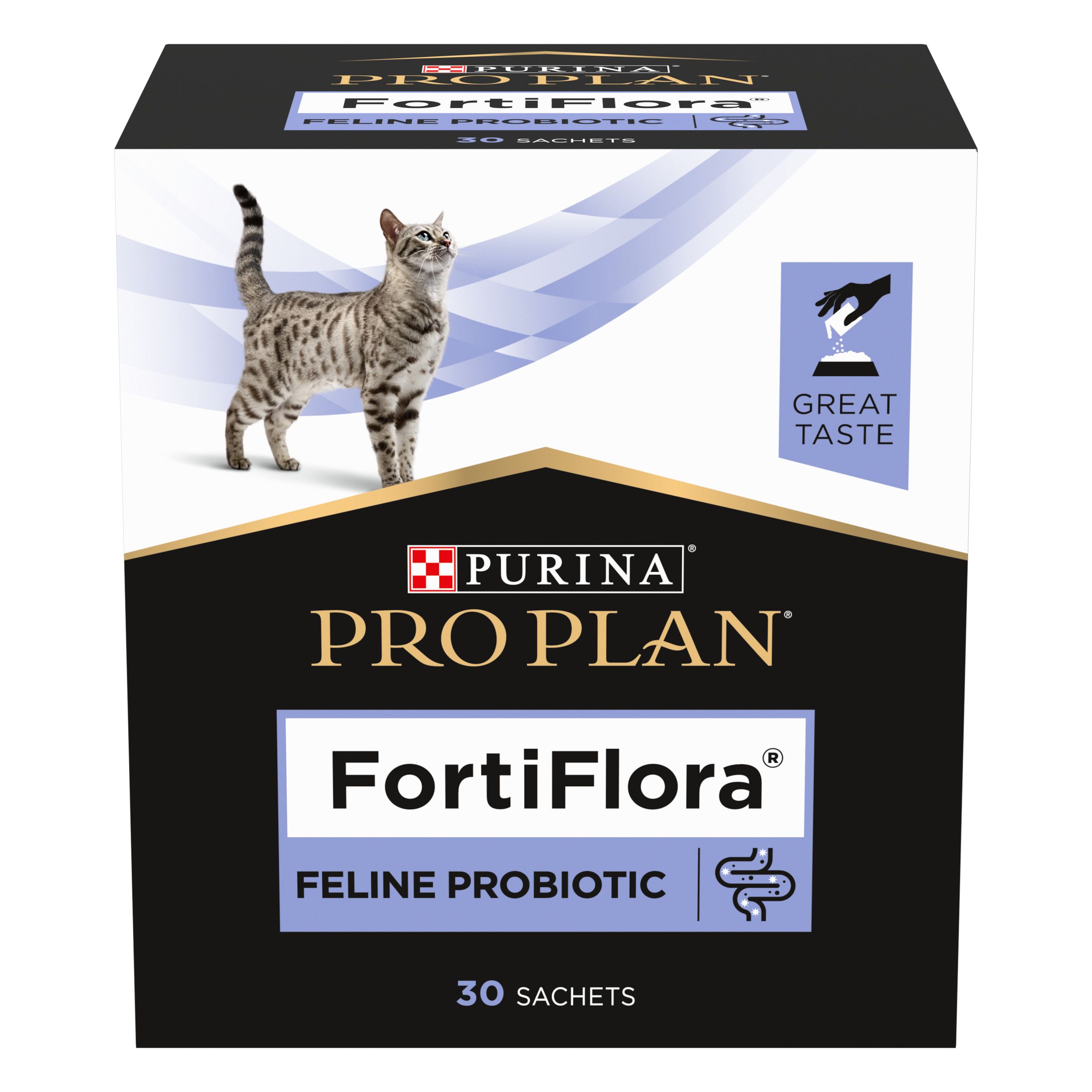 Boîte noire avec nom du produit et chat. Contient 30 sachets. Texte: FortiFlora Feline Probiotic.