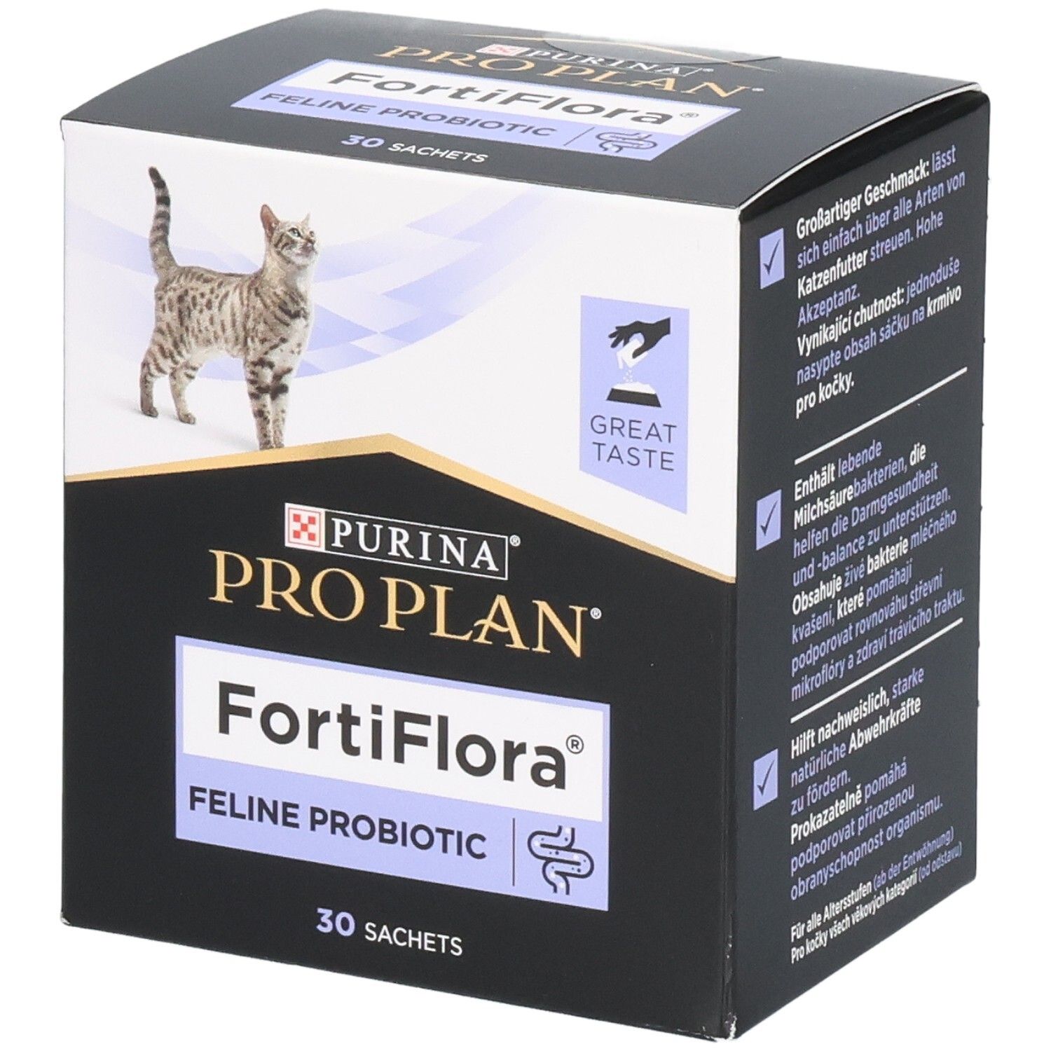 Boîte noire avec nom du produit et chat. Contient 30 sachets. Texte: FortiFlora Feline Probiotic.