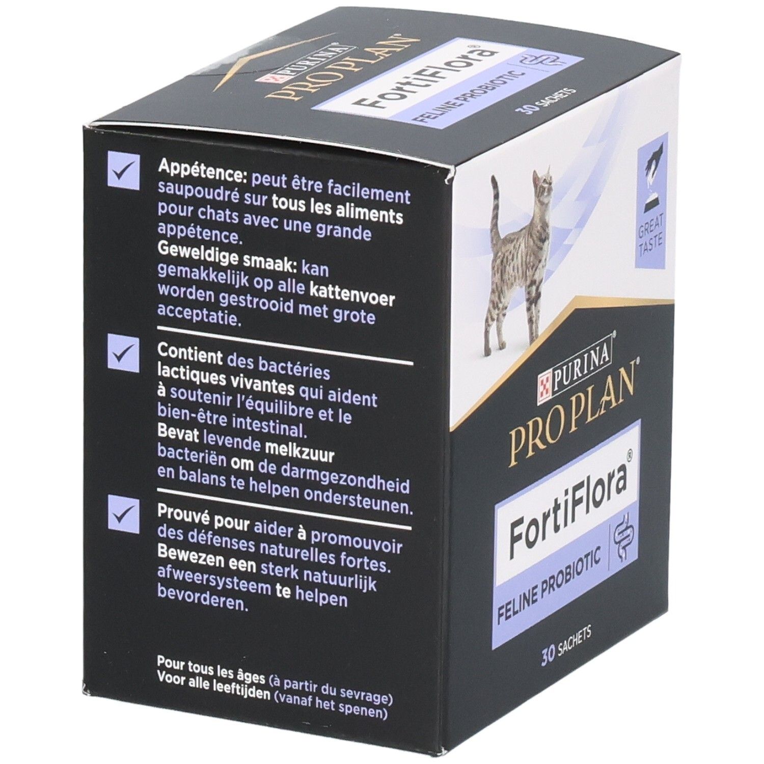 Boîte noire avec informations produit. Contient du texte en français et néerlandais.