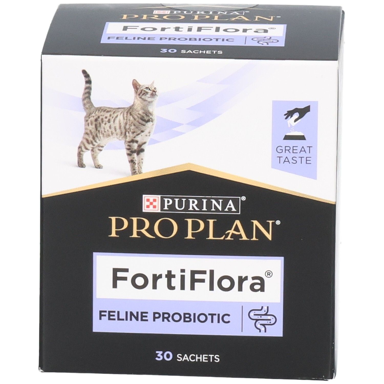 Boîte noire avec nom du produit et chat. Contient 30 sachets. Texte: FortiFlora Feline Probiotic.
