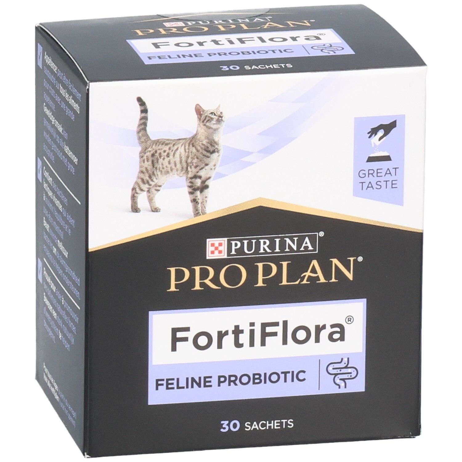 Boîte noire avec nom du produit et chat. Contient 30 sachets. Texte: FortiFlora Feline Probiotic.