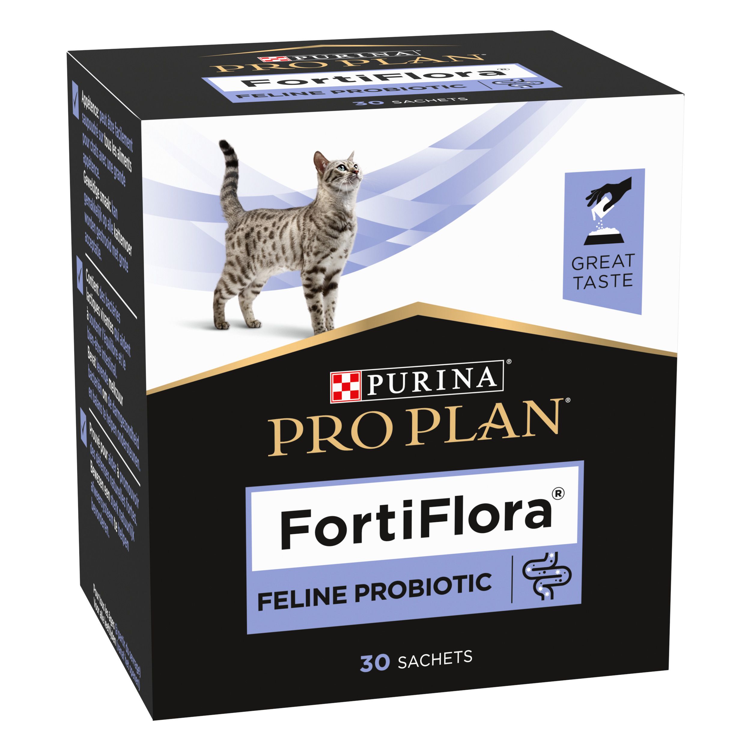 Boîte noire avec nom du produit et chat. Contient 30 sachets. Texte: FortiFlora Feline Probiotic.