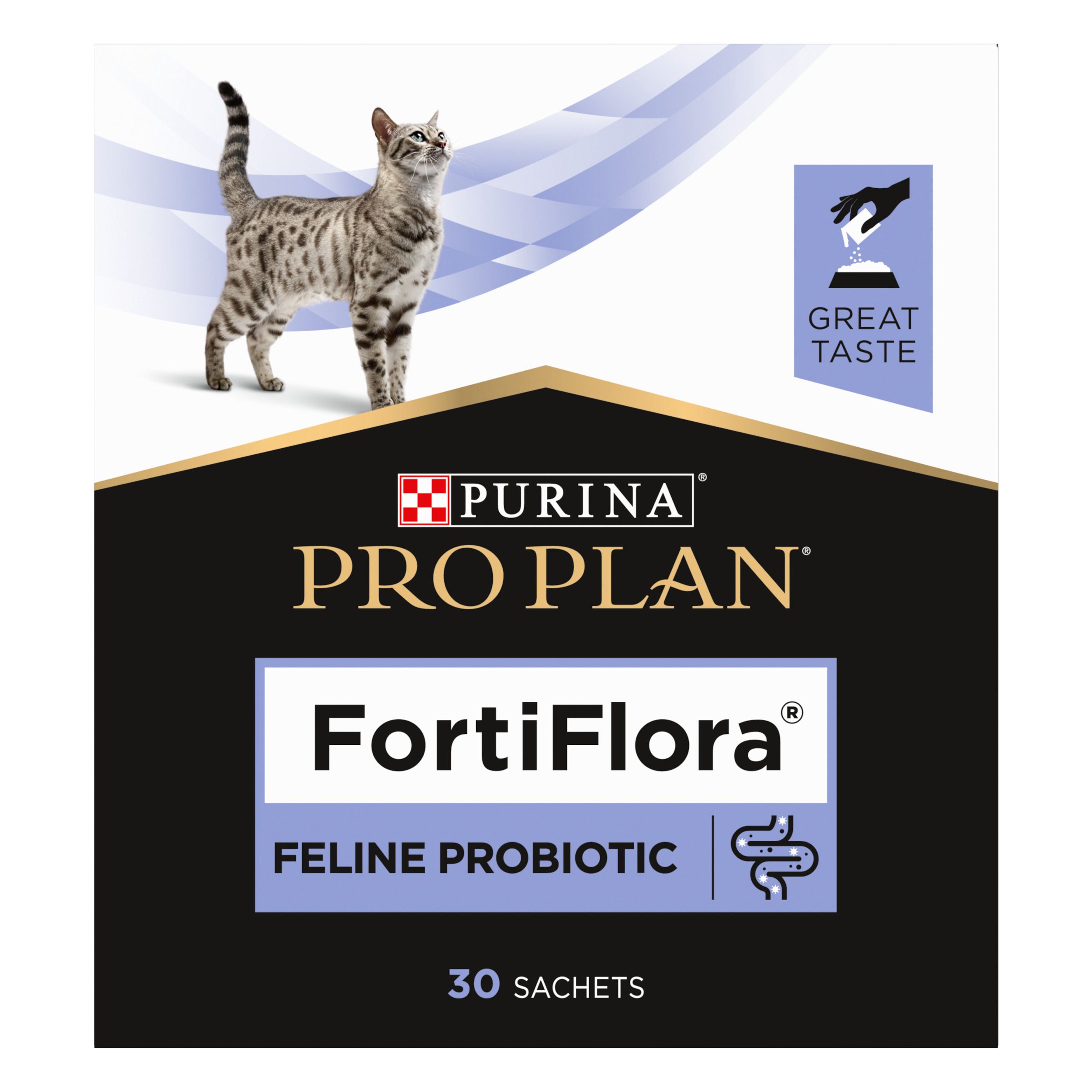 Boîte noire avec nom du produit et chat. Contient 30 sachets. Texte: FortiFlora Feline Probiotic.