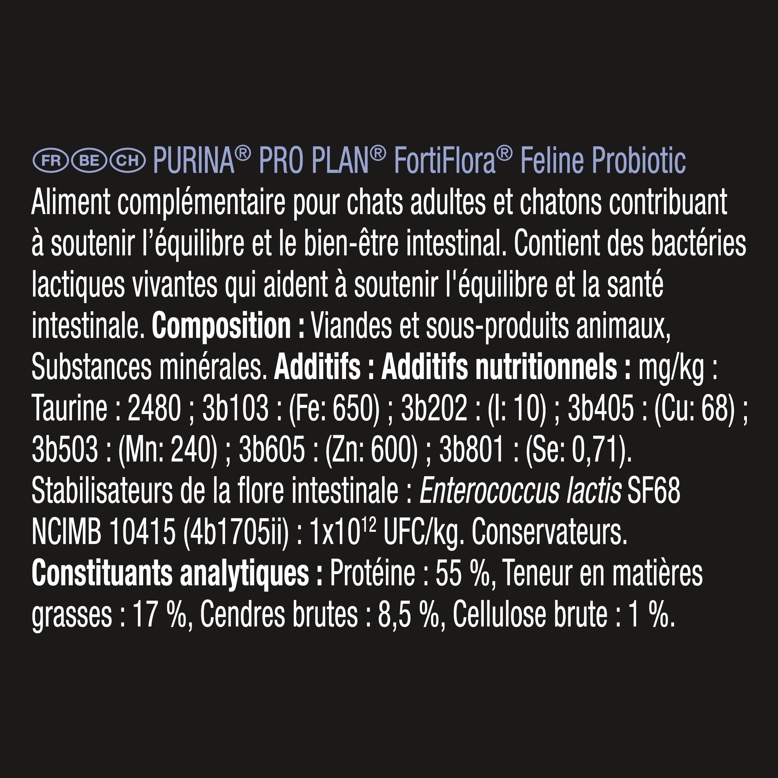 Boîte noire avec nom du produit et chat. Contient 30 sachets. Texte: FortiFlora Feline Probiotic.