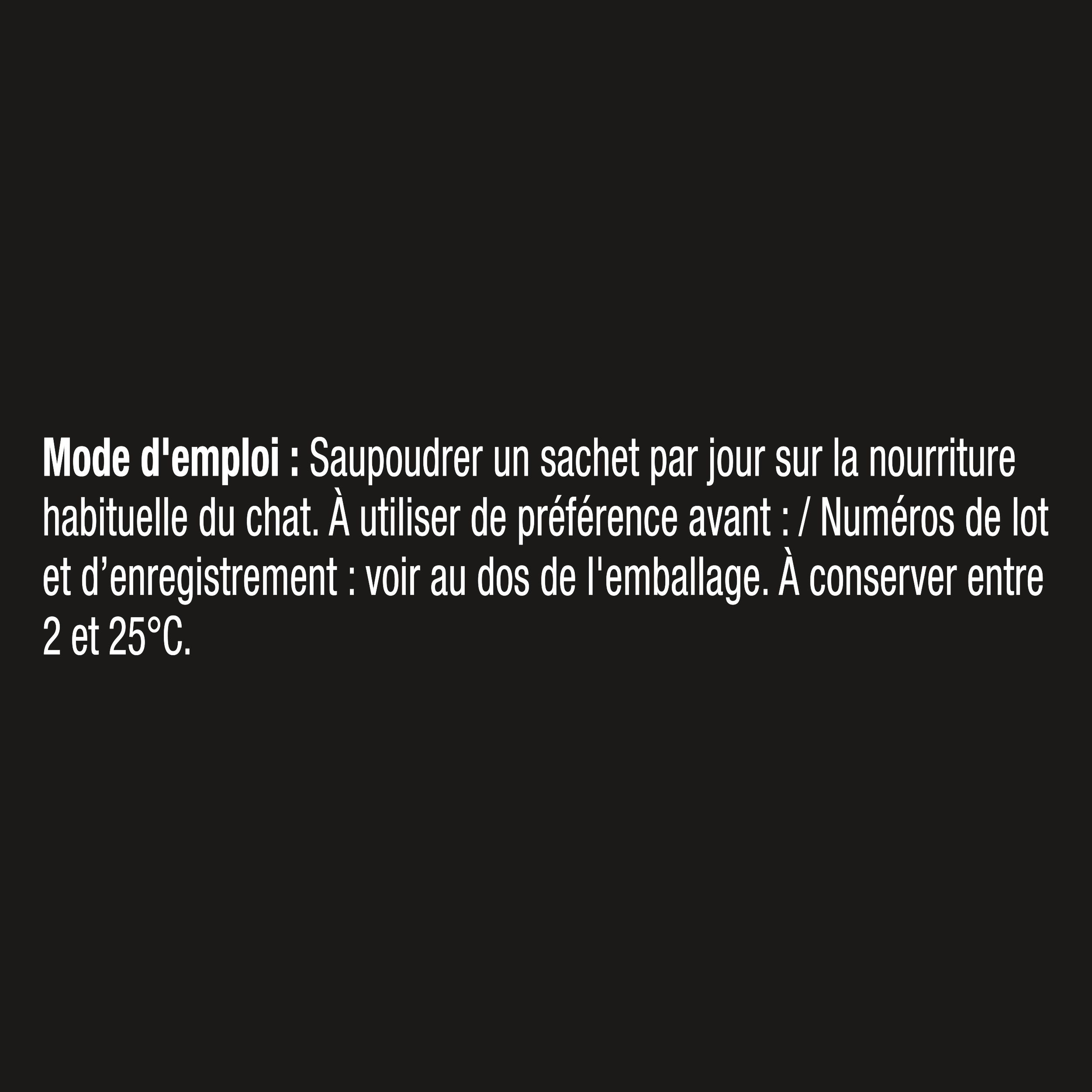 Boîte noire avec nom du produit et chat. Contient 30 sachets. Texte: FortiFlora Feline Probiotic.