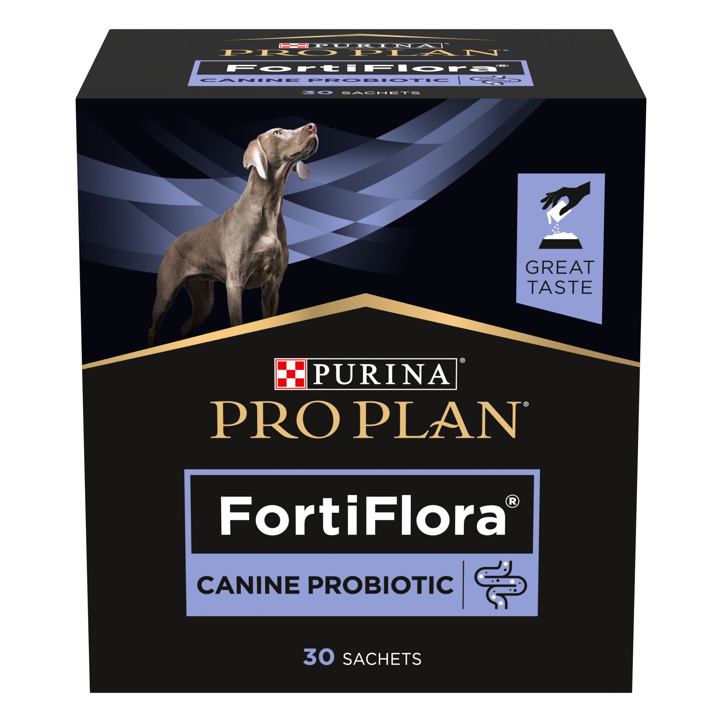Boîte noire Purina Pro Plan FortiFlora Canine Probiotic. Chien sur l'emballage. 30 sachets.