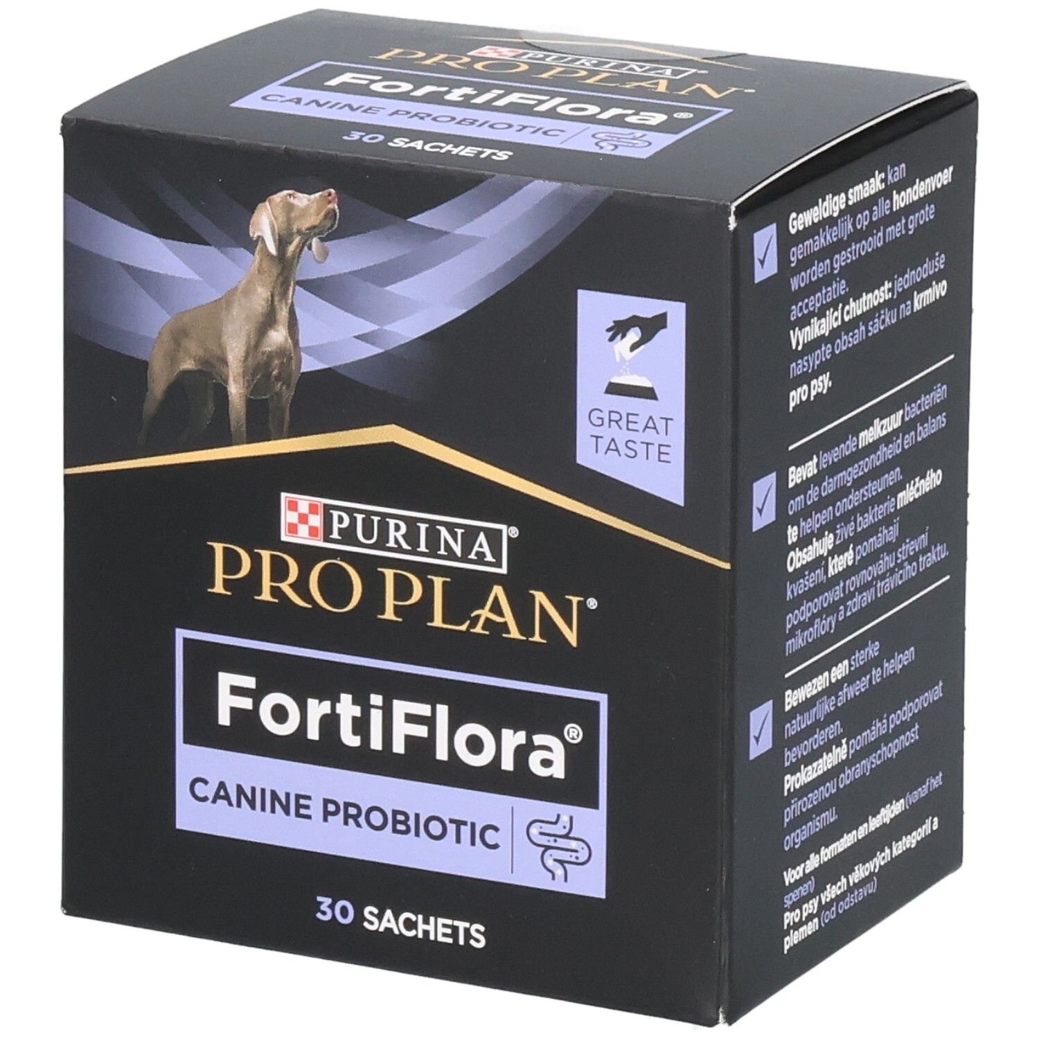 Boîte noire Purina Pro Plan FortiFlora Canine Probiotic. Chien sur l'emballage. 30 sachets.