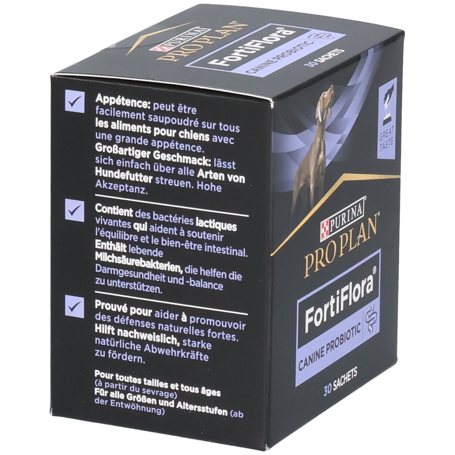 Dos de la boîte avec texte. Purina Pro Plan FortiFlora Canine Probiotic. 30 sachets. Texte en français.