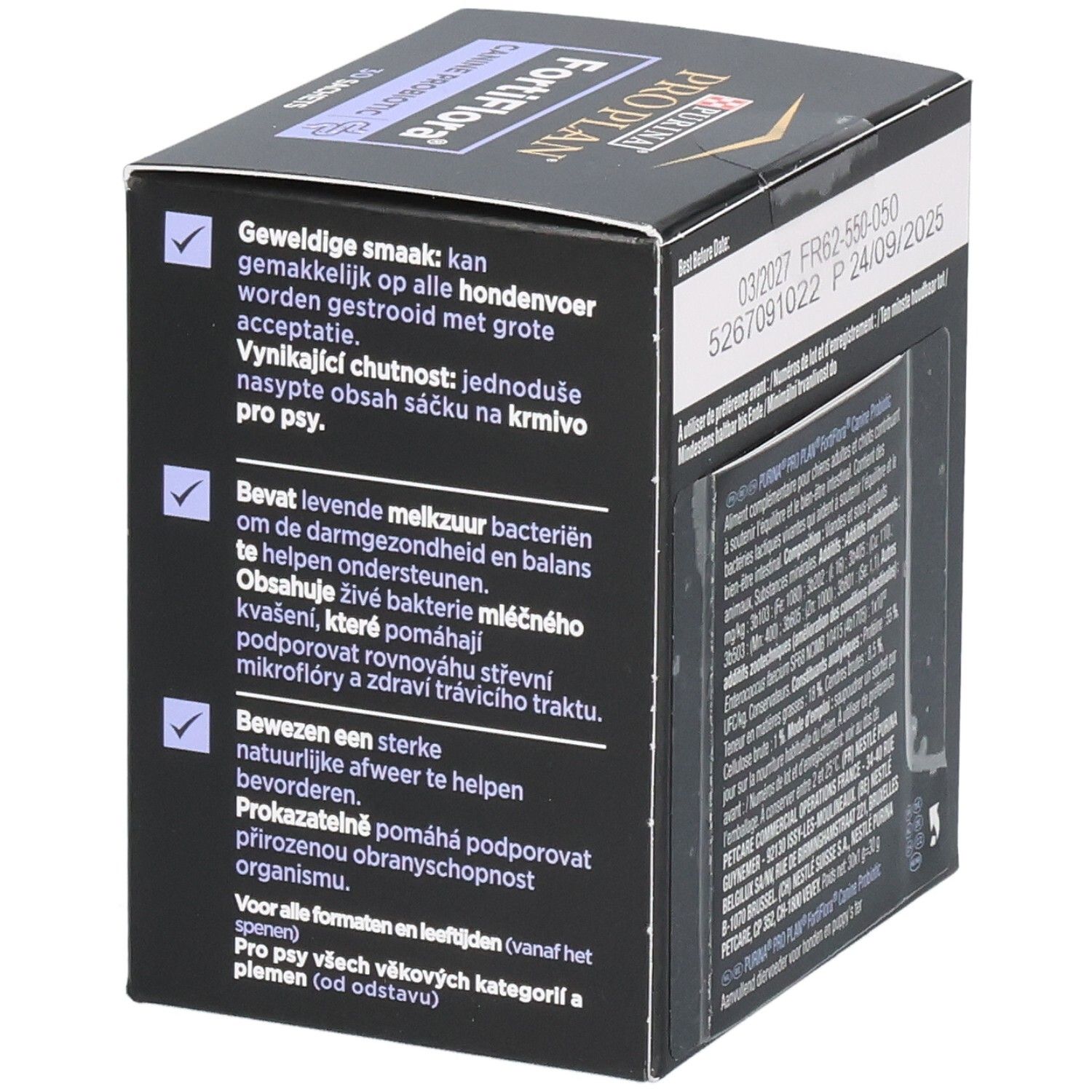 Dos de la boîte avec texte. Purina Pro Plan FortiFlora Canine Probiotic. 30 sachets. Texte en français.