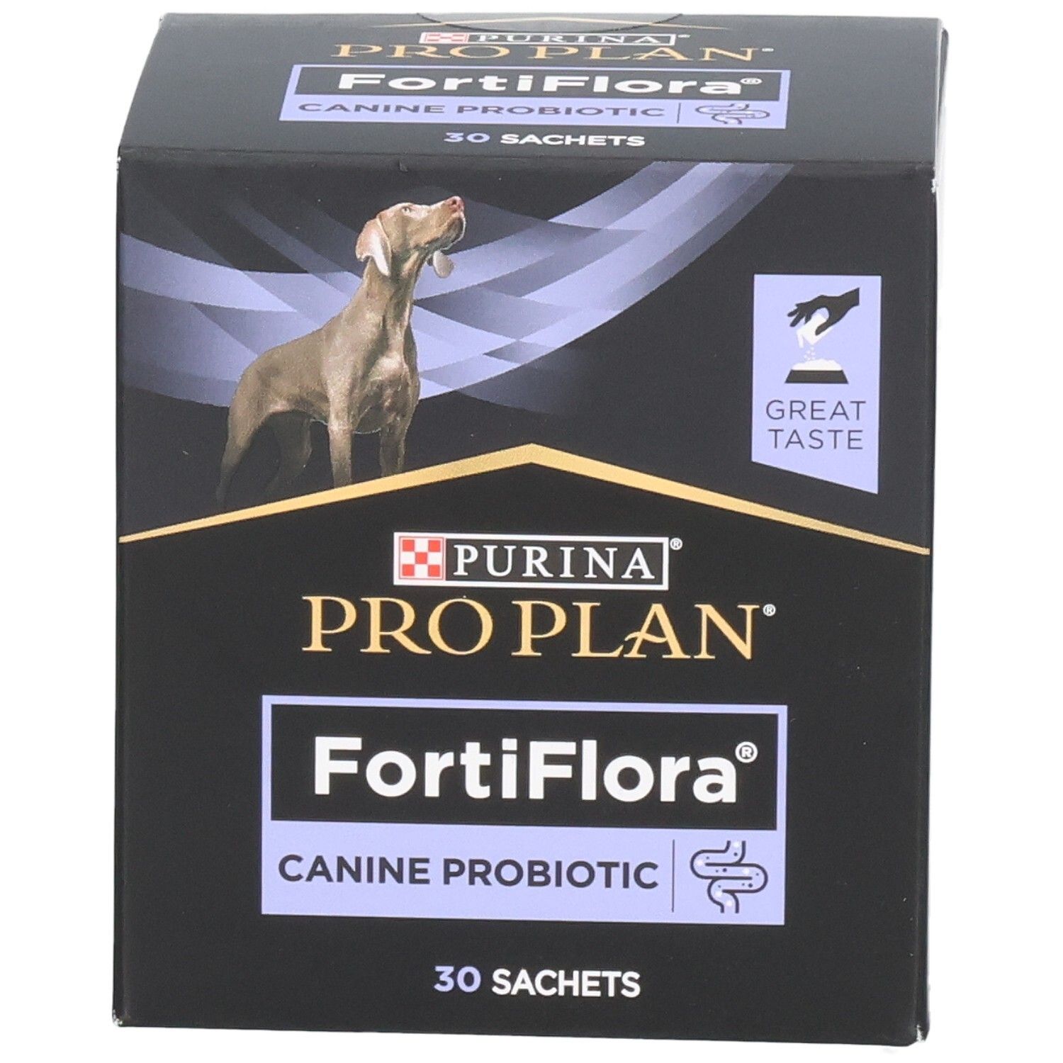 Boîte noire Purina Pro Plan FortiFlora Canine Probiotic. Chien sur l'emballage. 30 sachets.