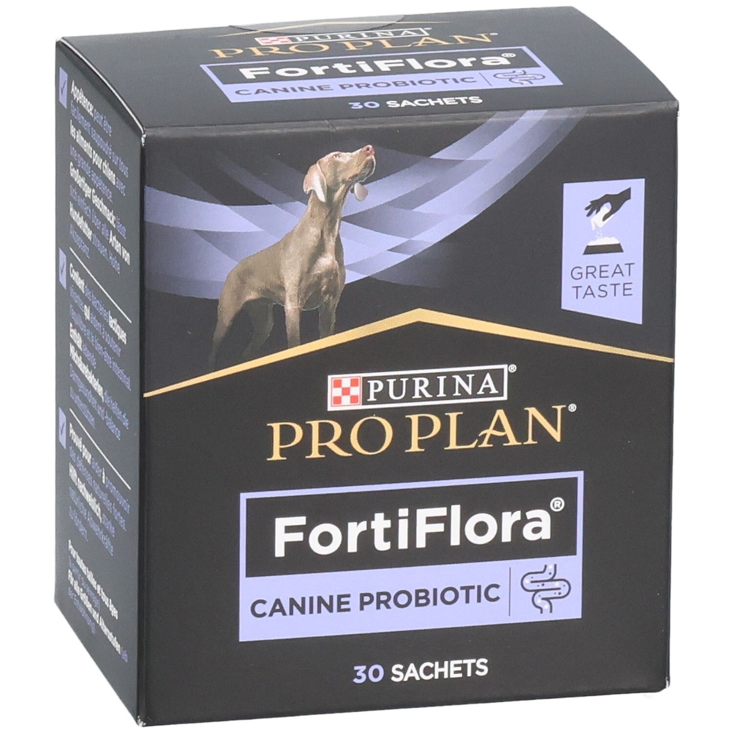 Boîte noire Purina Pro Plan FortiFlora Canine Probiotic. Chien sur l'emballage. 30 sachets.