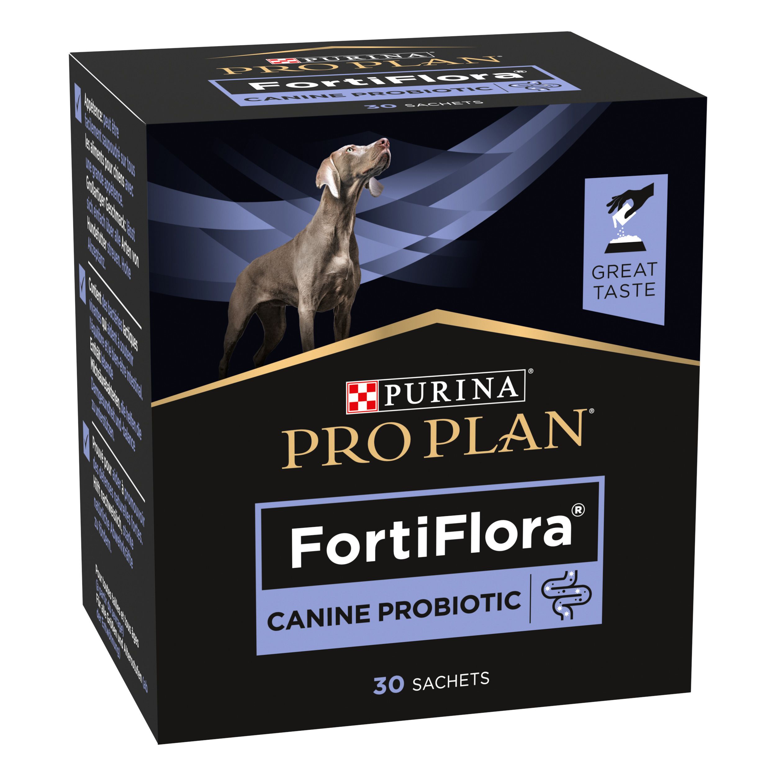 Boîte noire Purina Pro Plan FortiFlora Canine Probiotic. Chien sur l'emballage. 30 sachets.