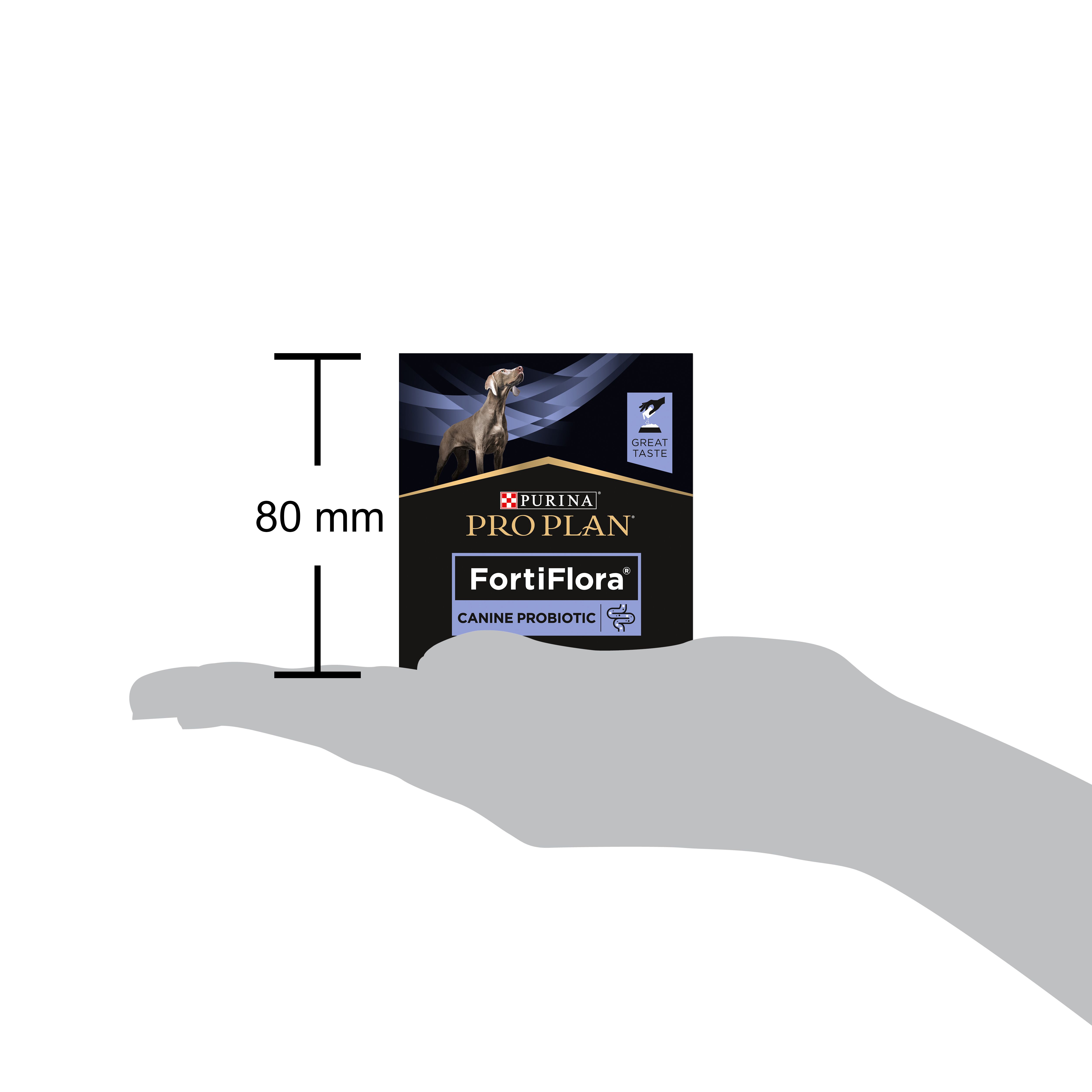 Boîte noire Purina Pro Plan FortiFlora Canine Probiotic. Chien sur l'emballage. 30 sachets.
