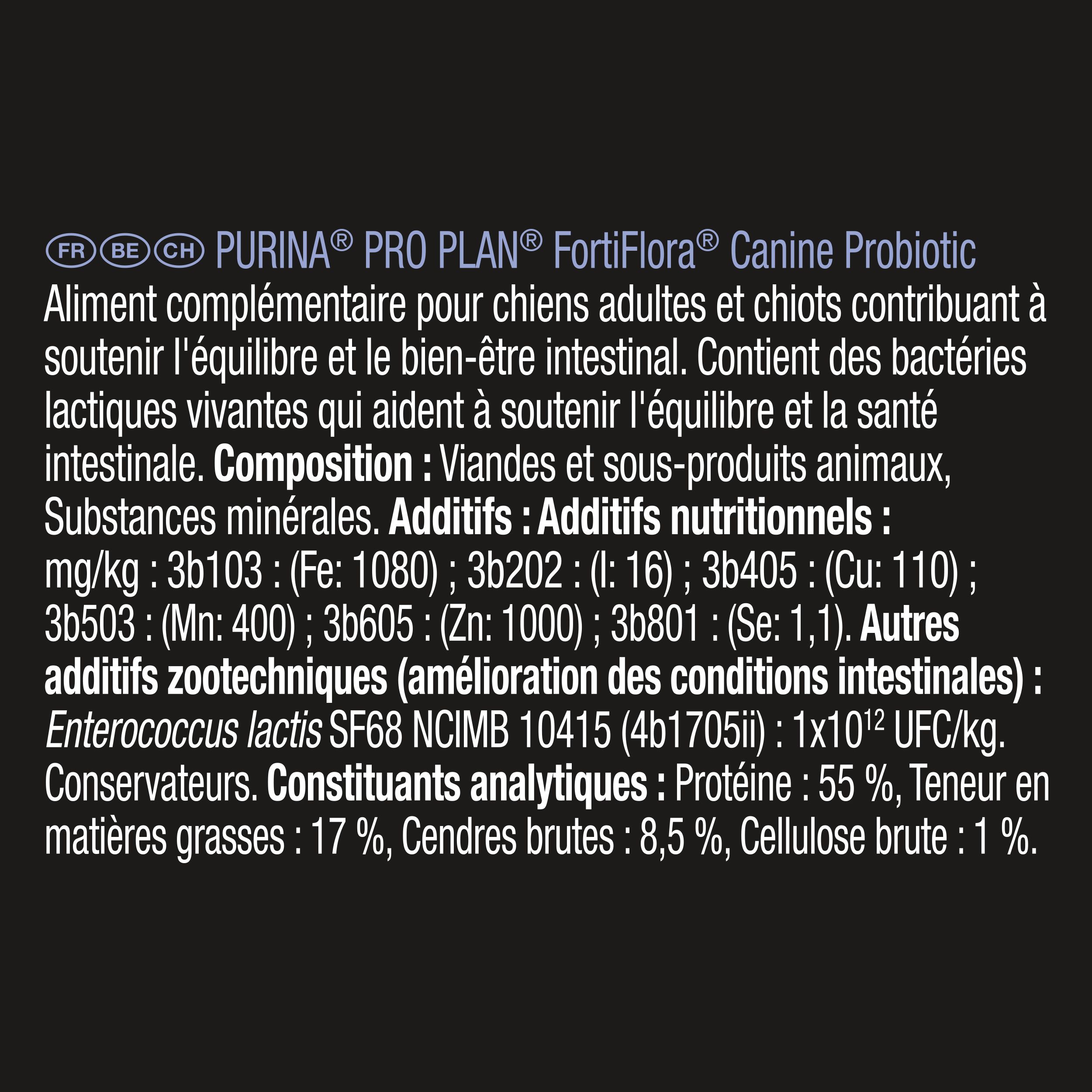 Boîte noire Purina Pro Plan FortiFlora Canine Probiotic. Chien sur l'emballage. 30 sachets.