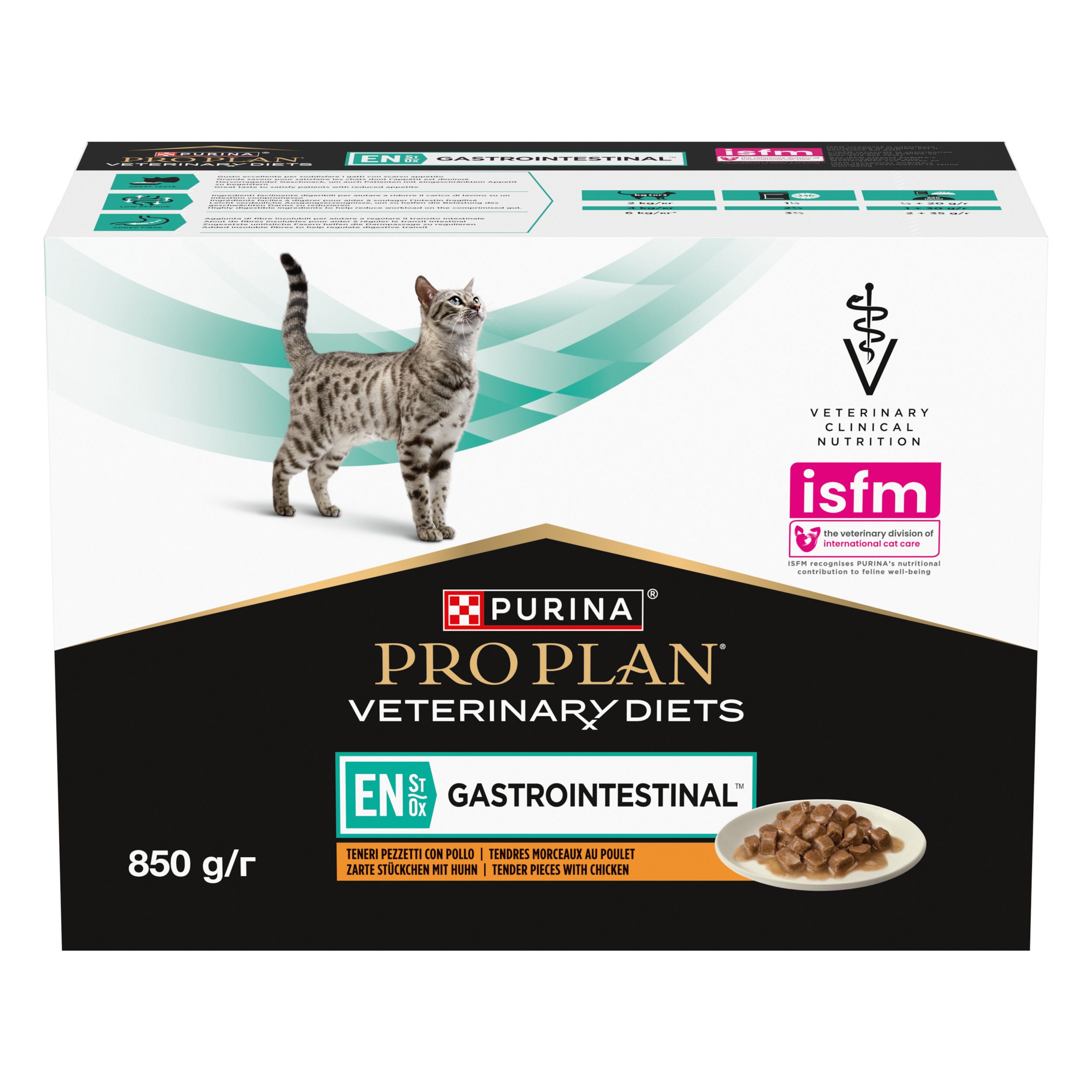 Boîte PRO PLAN Veterinary Diets. Chat et image du produit. 850 g. Mention Gastrointestinal.