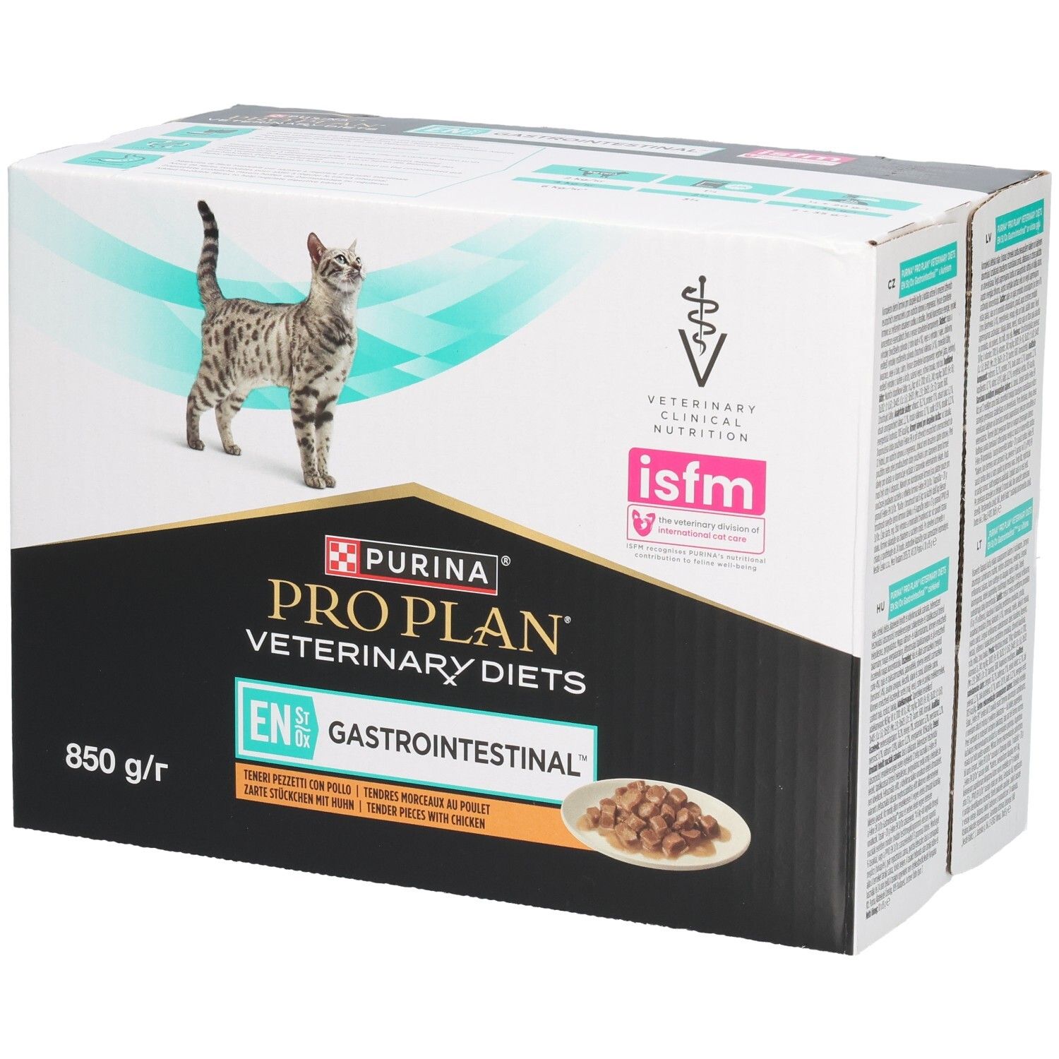 Boîte PRO PLAN Veterinary Diets. Chat et image du produit. 850 g. Mention Gastrointestinal.