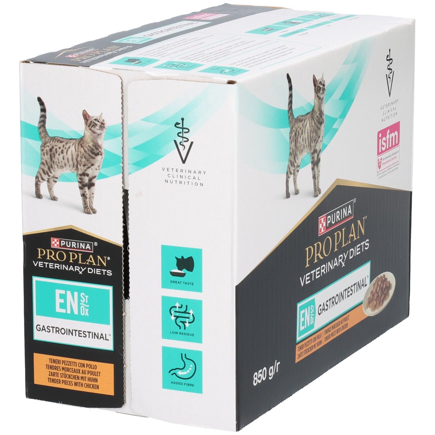 Boîte PRO PLAN Veterinary Diets. Chat et image du produit. Mention Gastrointestinal. 850 g.