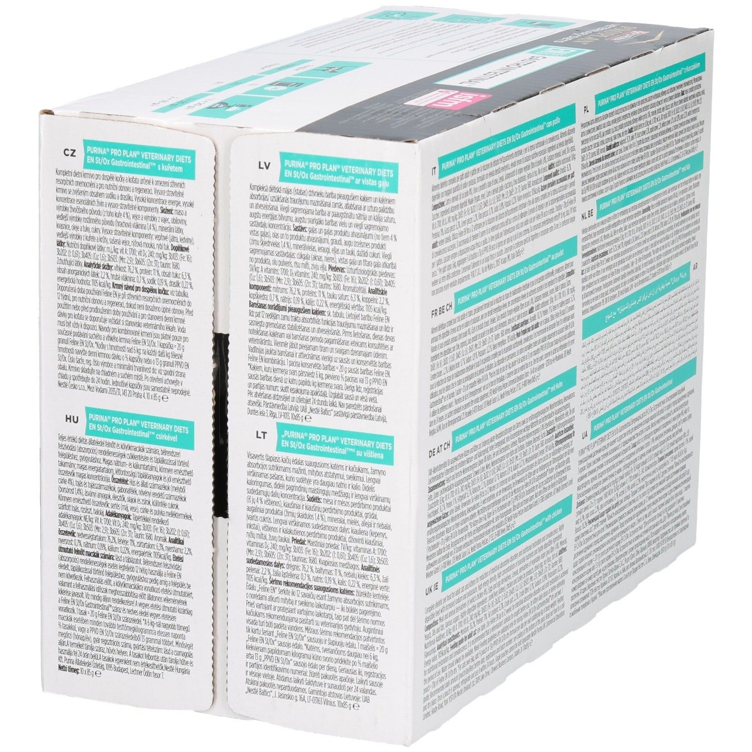 Dos de la boîte en carton. Texte en plusieurs langues. PRO PLAN Veterinary Diets.