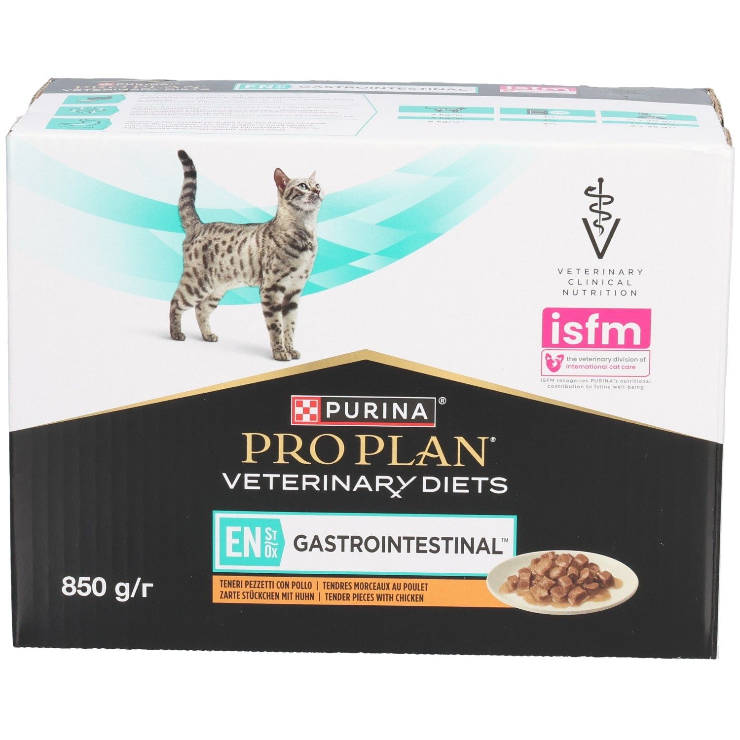 Boîte PRO PLAN Veterinary Diets. Chat et image du produit. 850 g. Mention Gastrointestinal.