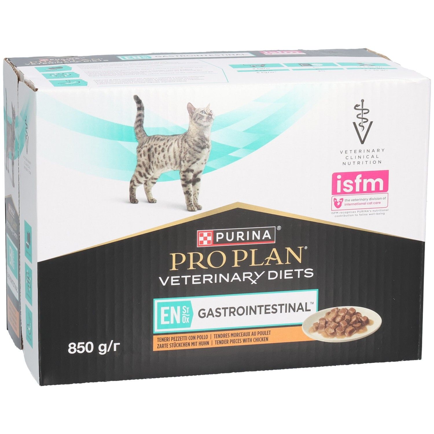 Boîte PRO PLAN Veterinary Diets. Chat et image du produit. 850 g. Mention Gastrointestinal.