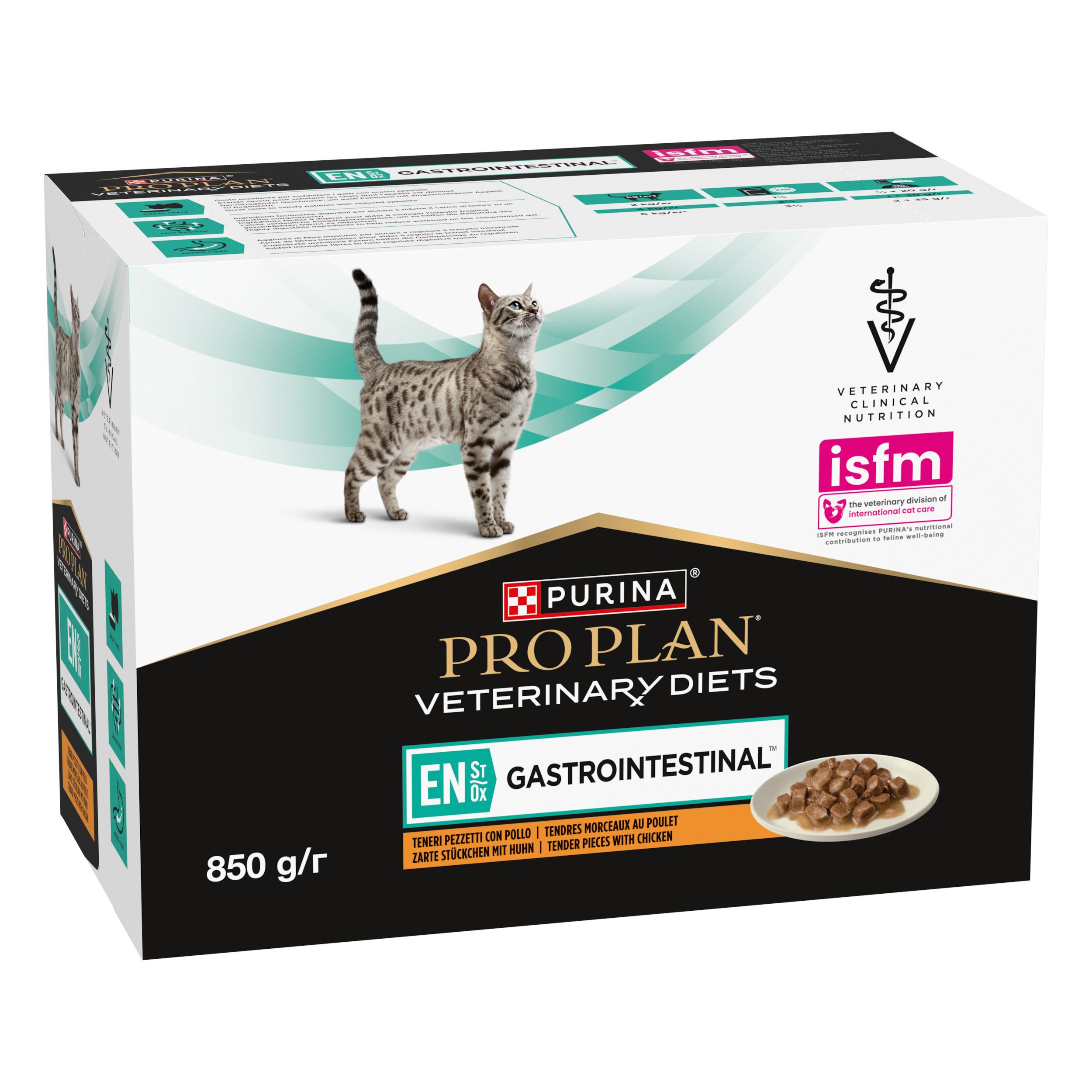Boîte PRO PLAN Veterinary Diets. Chat et image du produit. 850 g. Mention Gastrointestinal.