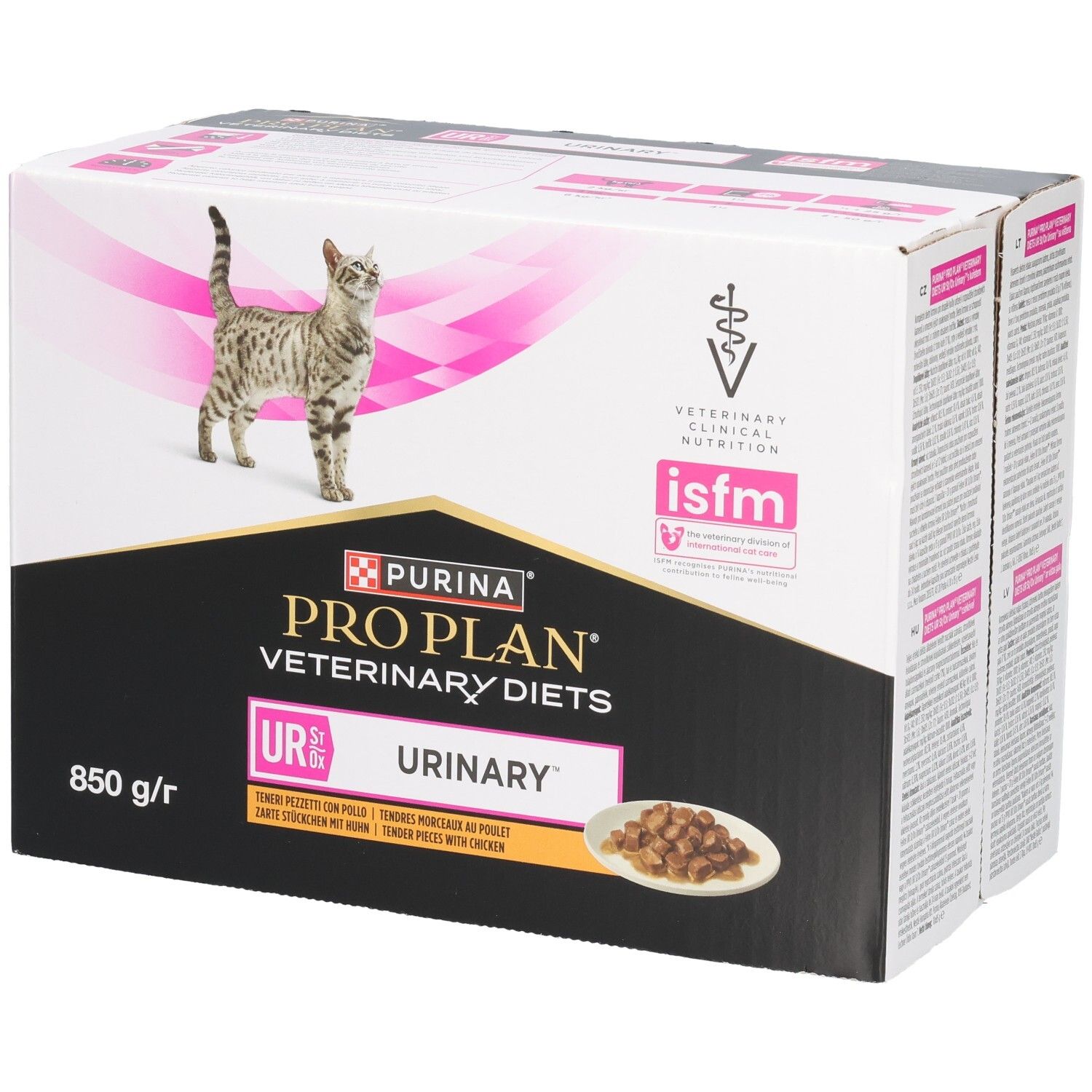 Boîte en carton avec chat. Inscription : PRO PLAN VETERINARY DIETS UR URINARY. 850 g/r.