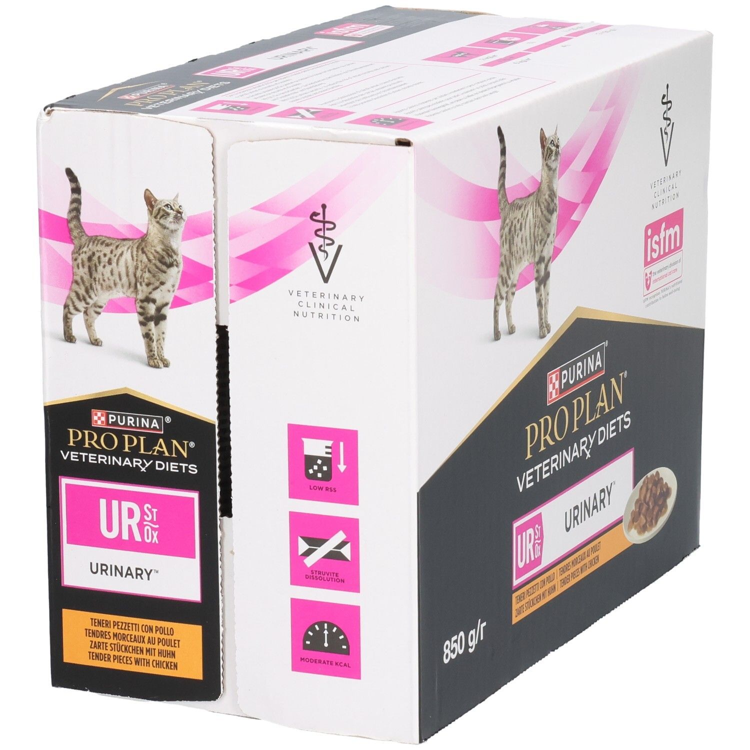 Boîte en carton avec chat. Inscription : PRO PLAN VETERINARY DIETS UR URINARY. 850 g/r.