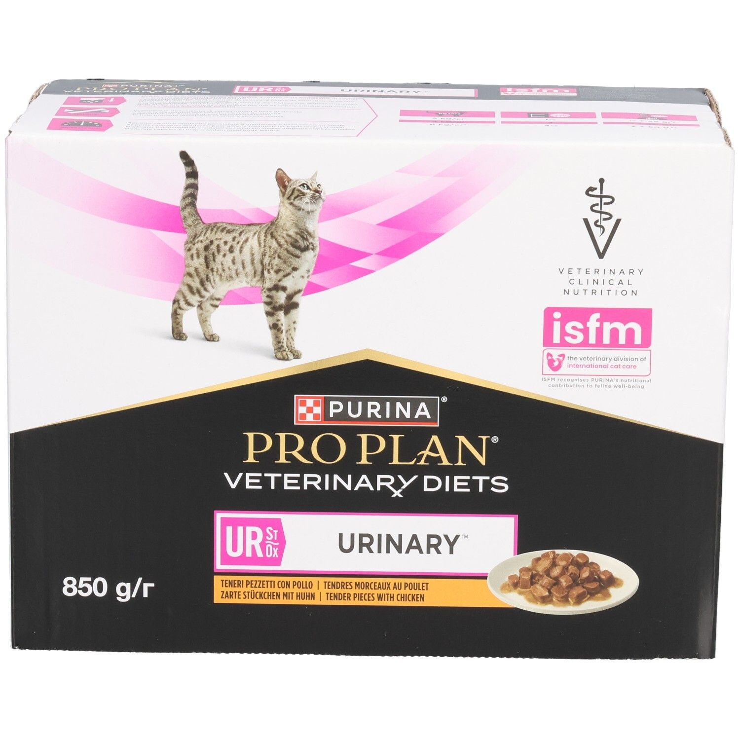 Boîte en carton avec chat. Inscription : PRO PLAN VETERINARY DIETS UR URINARY. 850 g/r.