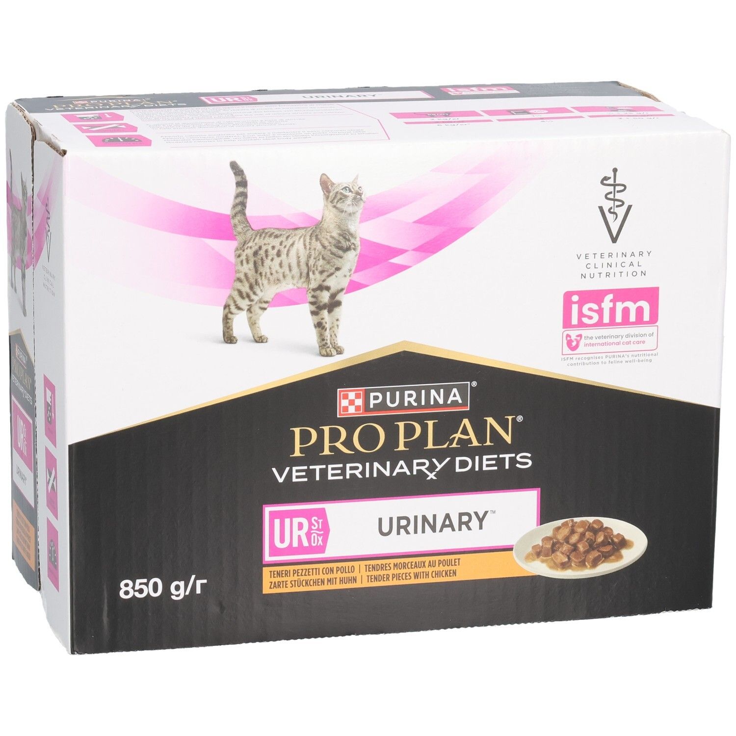 Boîte en carton avec chat. Inscription : PRO PLAN VETERINARY DIETS UR URINARY. 850 g/r.