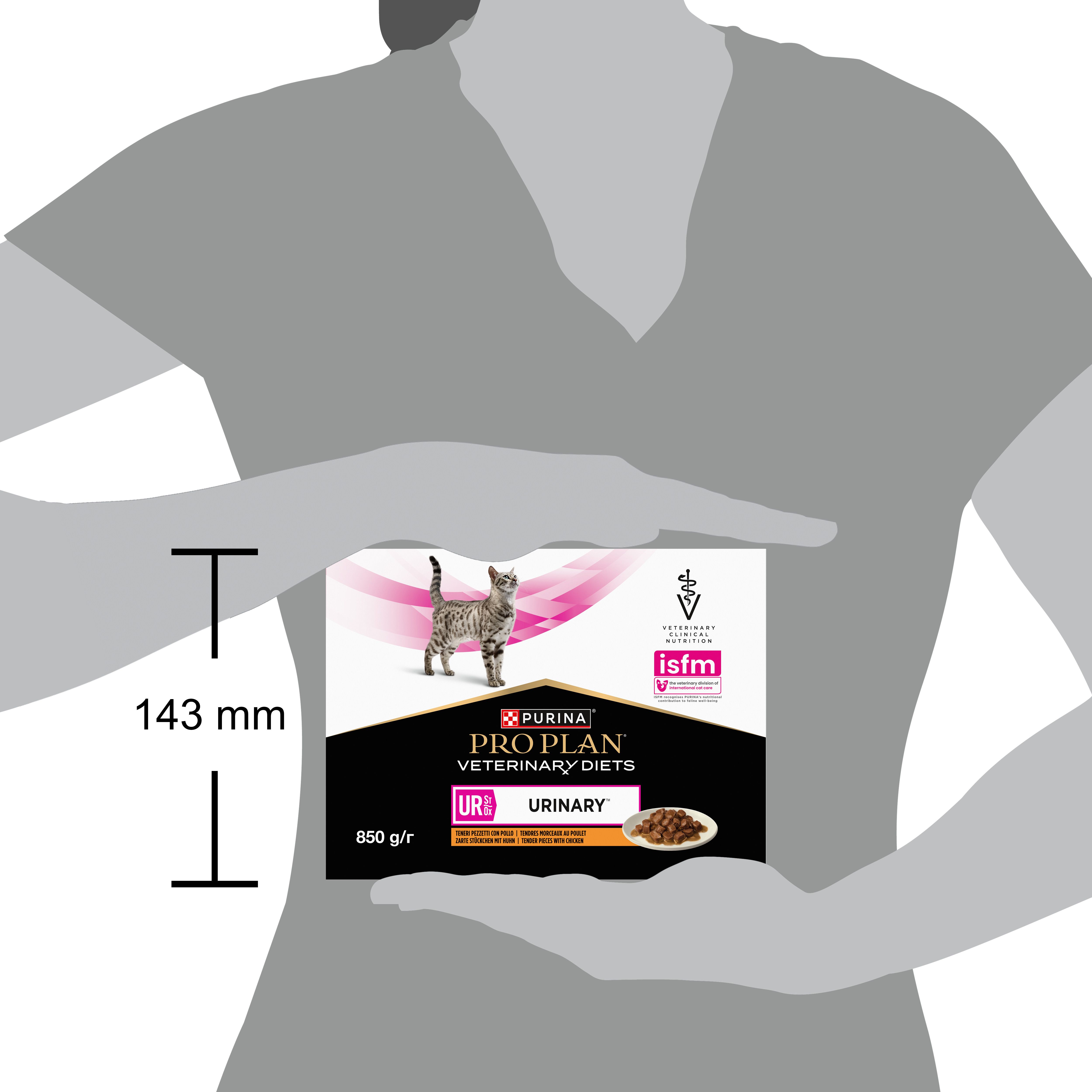 Boîte en carton avec chat. Inscription : PRO PLAN VETERINARY DIETS UR URINARY. 850 g/r.