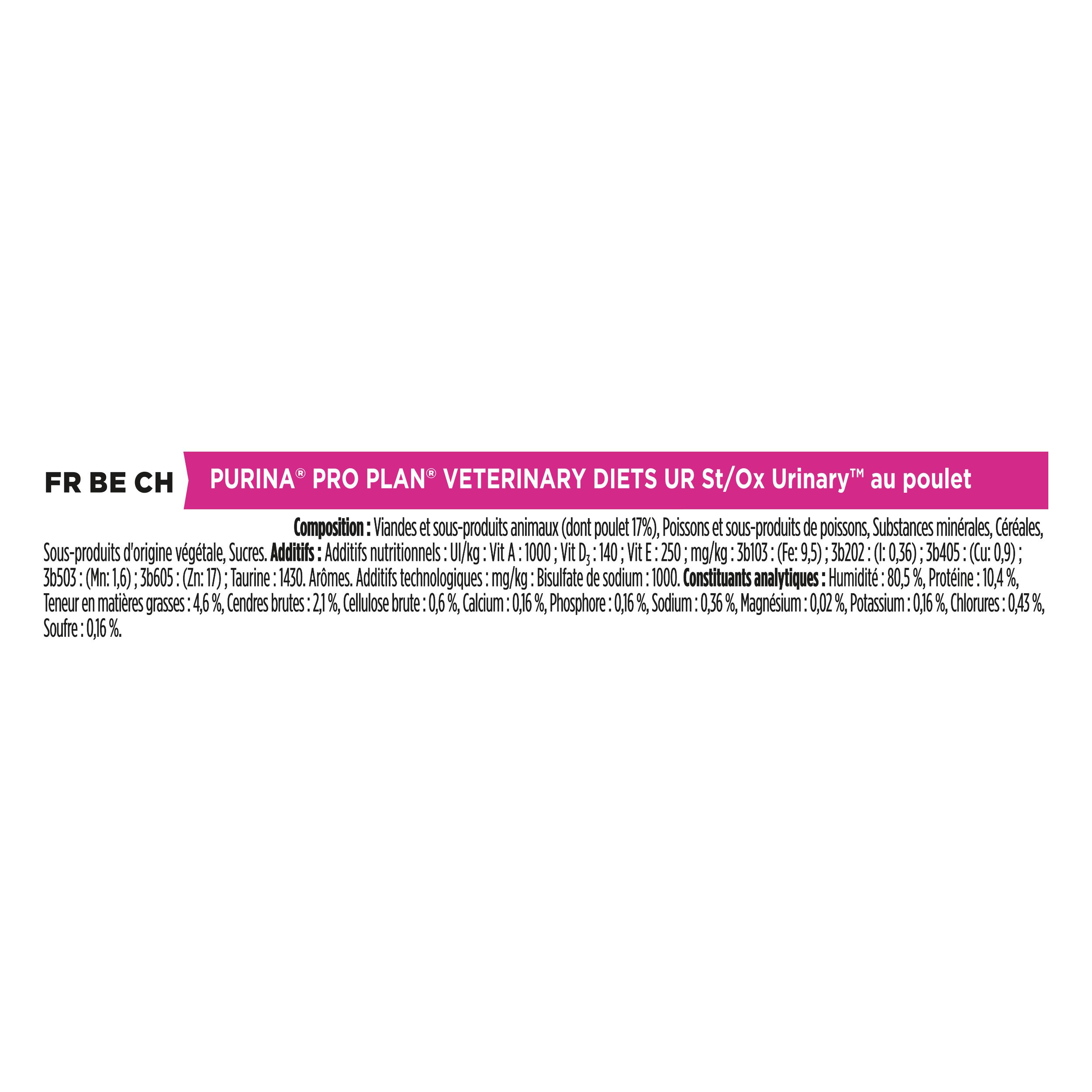 Boîte en carton avec chat. Inscription : PRO PLAN VETERINARY DIETS UR URINARY. 850 g/r.