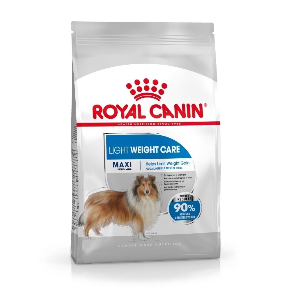 Royal Canin Maxi Light Weight Care : sac 12kg avec Collie et caractéristiques du produit.