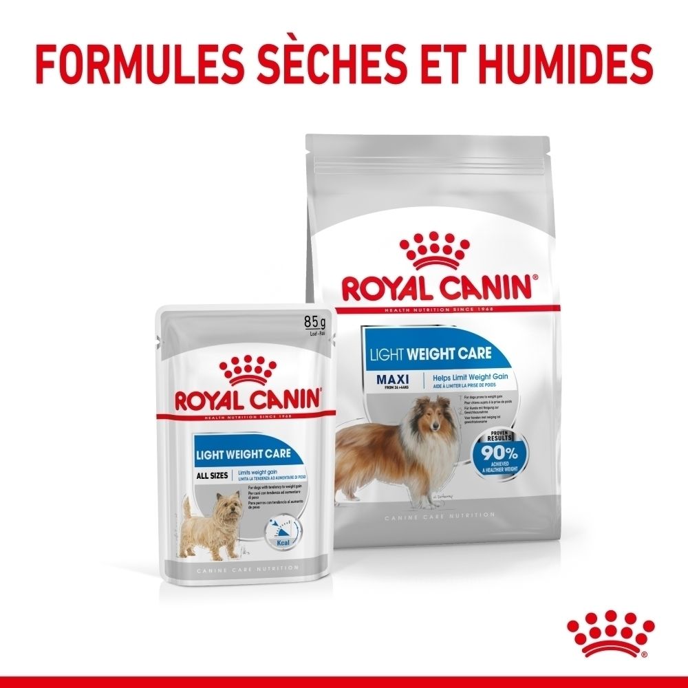 Royal Canin Maxi Light Weight Care : sac 12kg avec Collie et caractéristiques du produit.
