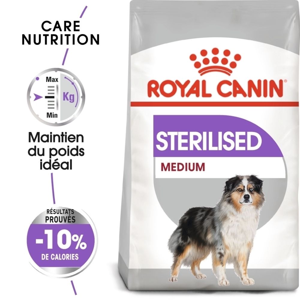 Sac Royal Canin MEDIUM STERILISED avec image de chien, symbole de gestion du poids et réduction calorique.