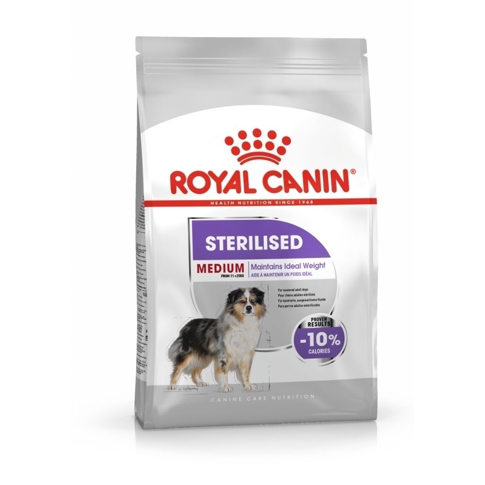 Sac Royal Canin MEDIUM STERILISED avec image de chien, symbole de gestion du poids et réduction calorique.