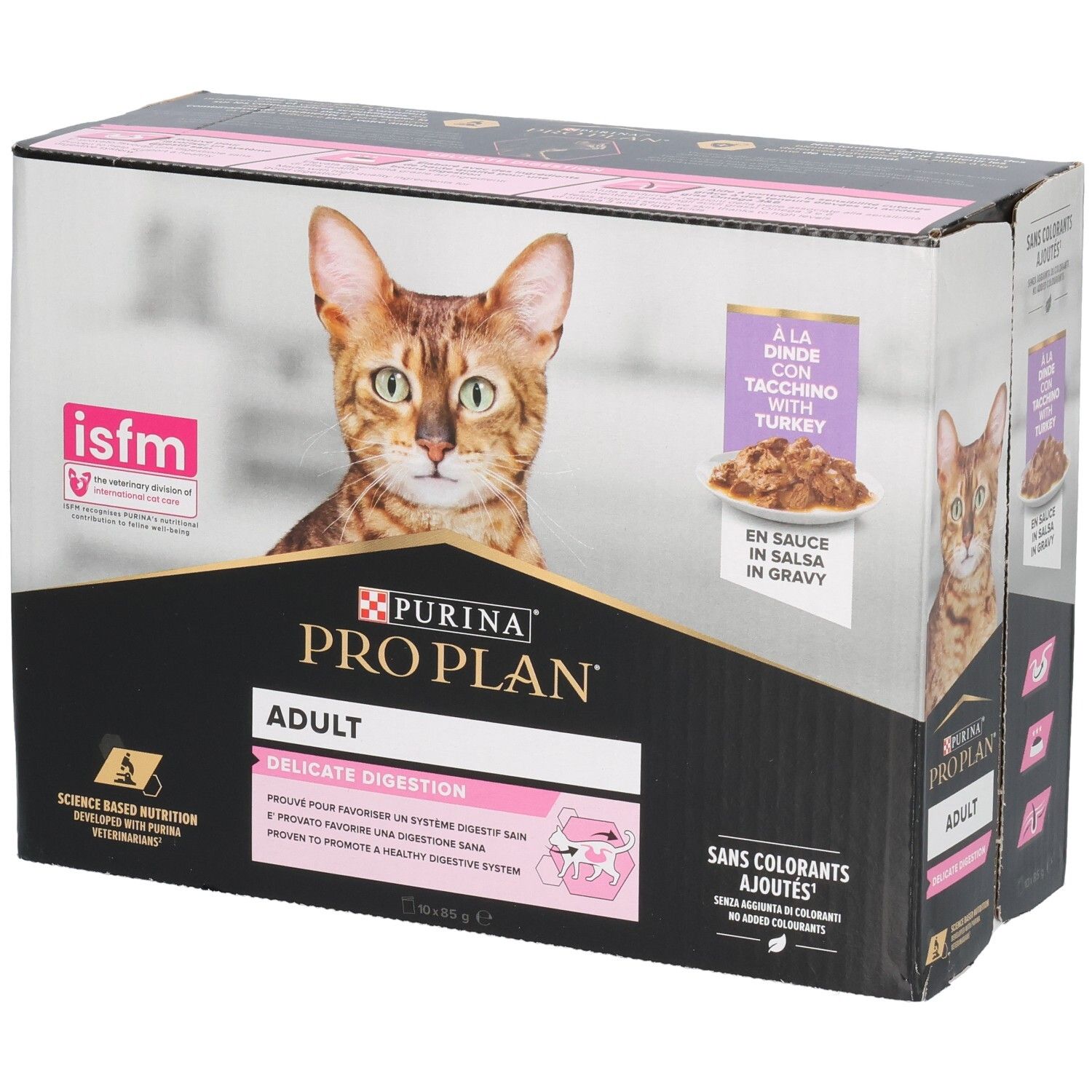 Boîte en carton avec image de produit et logo. Contient des sachets d'aliments pour chats. Inscription : Purina Pro Plan Adult Delicate Digestion.