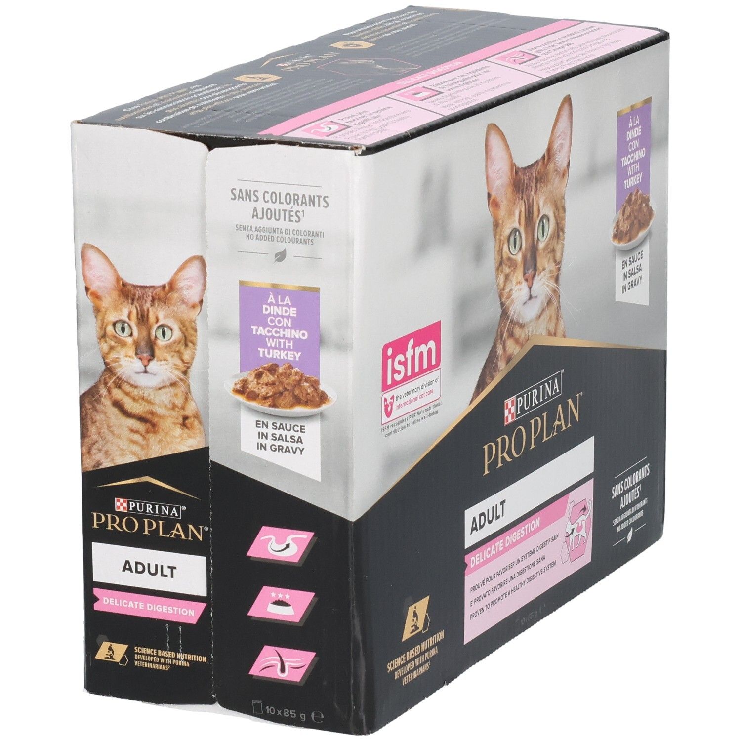 Boîte en carton avec image de produit et logo. Contient des sachets d'aliments pour chats. Inscription : Purina Pro Plan Adult Delicate Digestion.